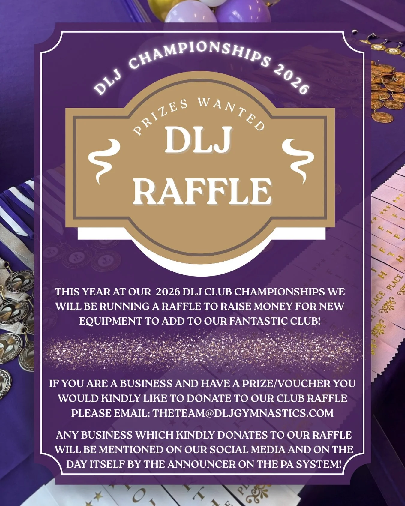 Team DLJ are kindly asking for donations for our Raffle at our annual DLJ championships! If you have a business or have a suitable donation please contact us via social media or theteam@dljgymnastics.com💜
&mdash;&mdash;&mdash;&mdash;&mdash;&mdash;&m