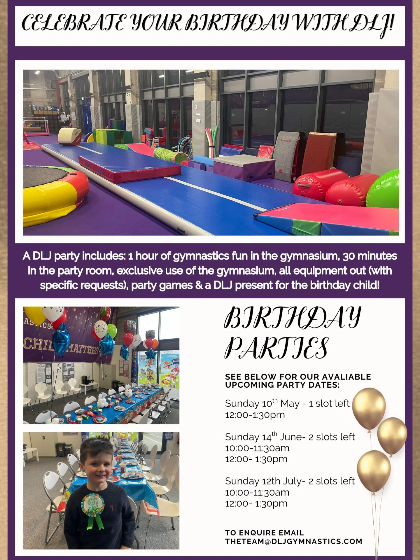 DLJ Birthday Parties! Book yours now by enquiring via our email- Theteam@dljgymnastics.com

We hope to celebrate with you💜
&mdash;&mdash;&mdash;&mdash;&mdash;&mdash;&mdash;&mdash;&mdash;&mdash;&mdash;&mdash;&mdash;&mdash;&mdash;&mdash;&mdash;&mdash;