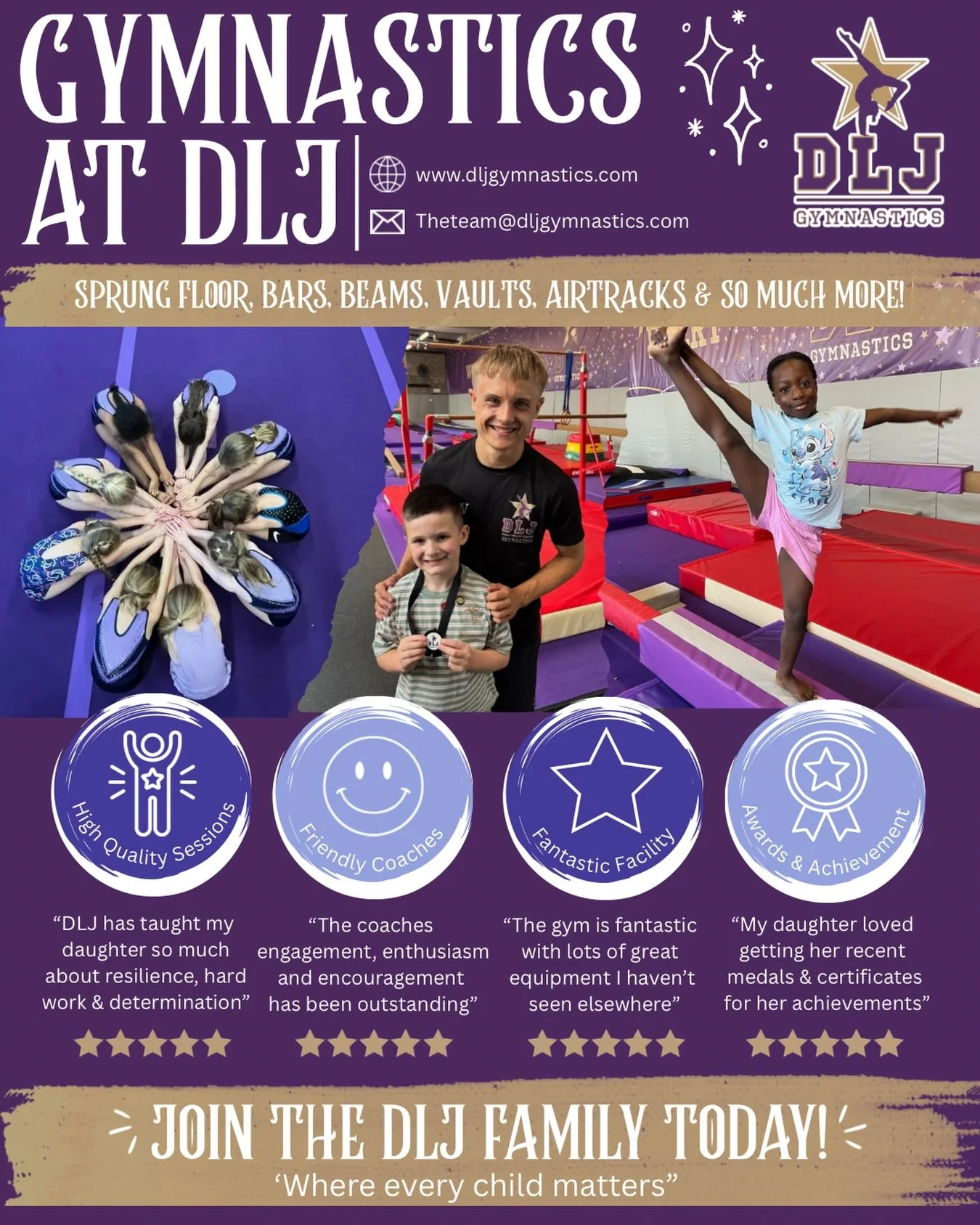 Welcome to Gymnastics at DLJ!💜

Our British gymnastics affiliated club and coaches make all our sessions fun and progressive to suit your child&rsquo;s age and ability!

We run a range of classes from:
- GFA classes (Aged 4-12 years)
- Youth classes