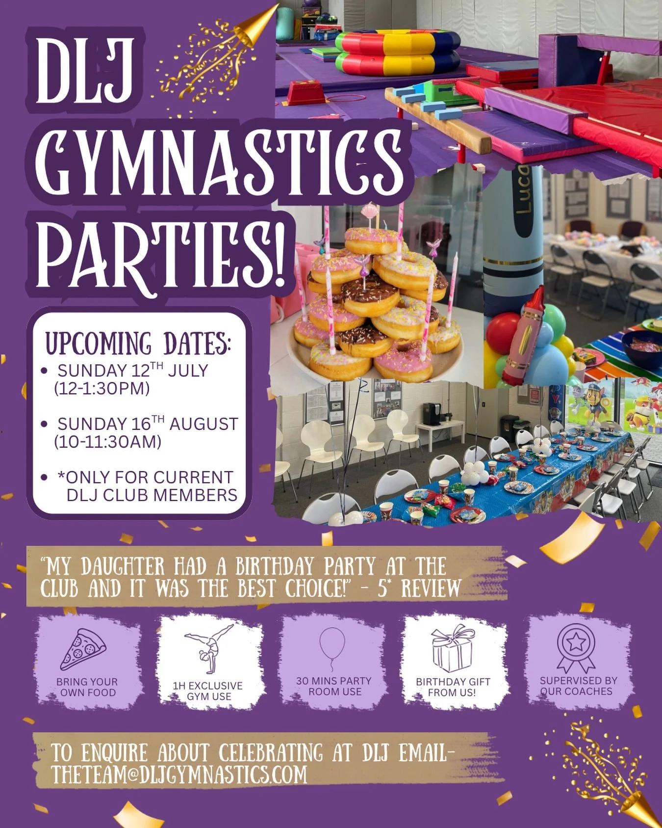 DLJ Birthday Parties! Book yours now by enquiring via our email- Theteam@dljgymnastics.com

We hope to celebrate with you💜
&mdash;&mdash;&mdash;&mdash;&mdash;&mdash;&mdash;&mdash;&mdash;&mdash;&mdash;&mdash;&mdash;&mdash;&mdash;&mdash;&mdash;&mdash;