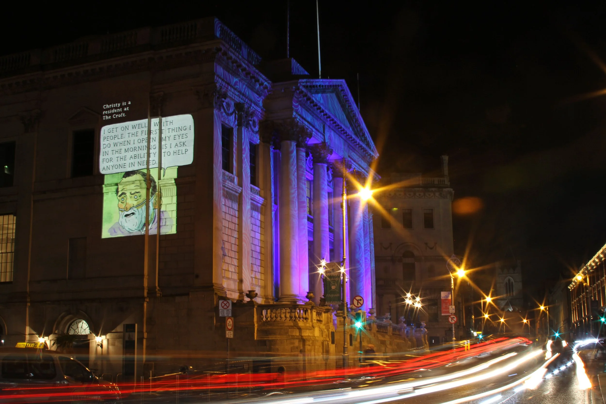 Home Truths projection on City Hall, Dublin. (Photograph by Stephen MacDevitt)