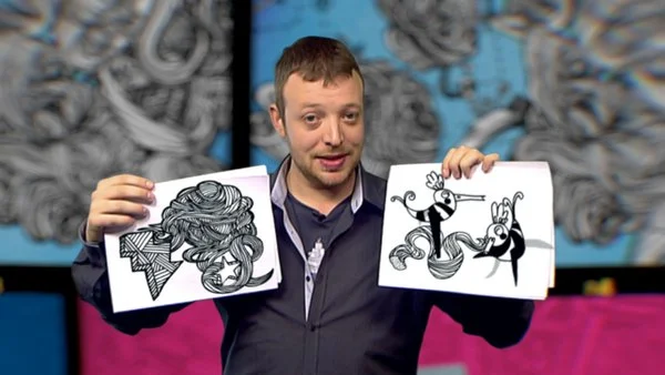Alan Dunne with doodle drawings