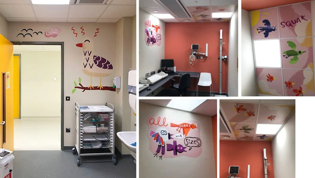 Measuring Room. "All Shapes and Sizes". A bird-themed room. Children can see the birds fly overhead on the ceiling tile artwork.
