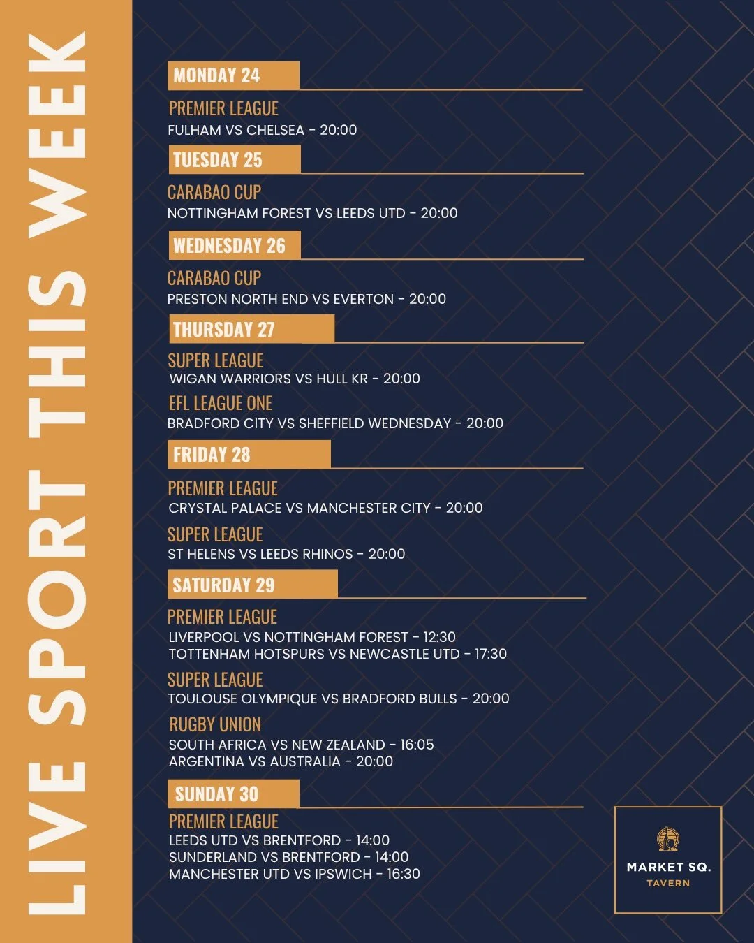 🏆 THIS WEEK&rsquo;S SPORT AT MARKET SQUARE 🏆

From football to the biggest sporting action of the week, we&rsquo;ve got all major sports shown live across our screens 📺⚽️

And today comes with a couple of very good reasons to make Market Square yo