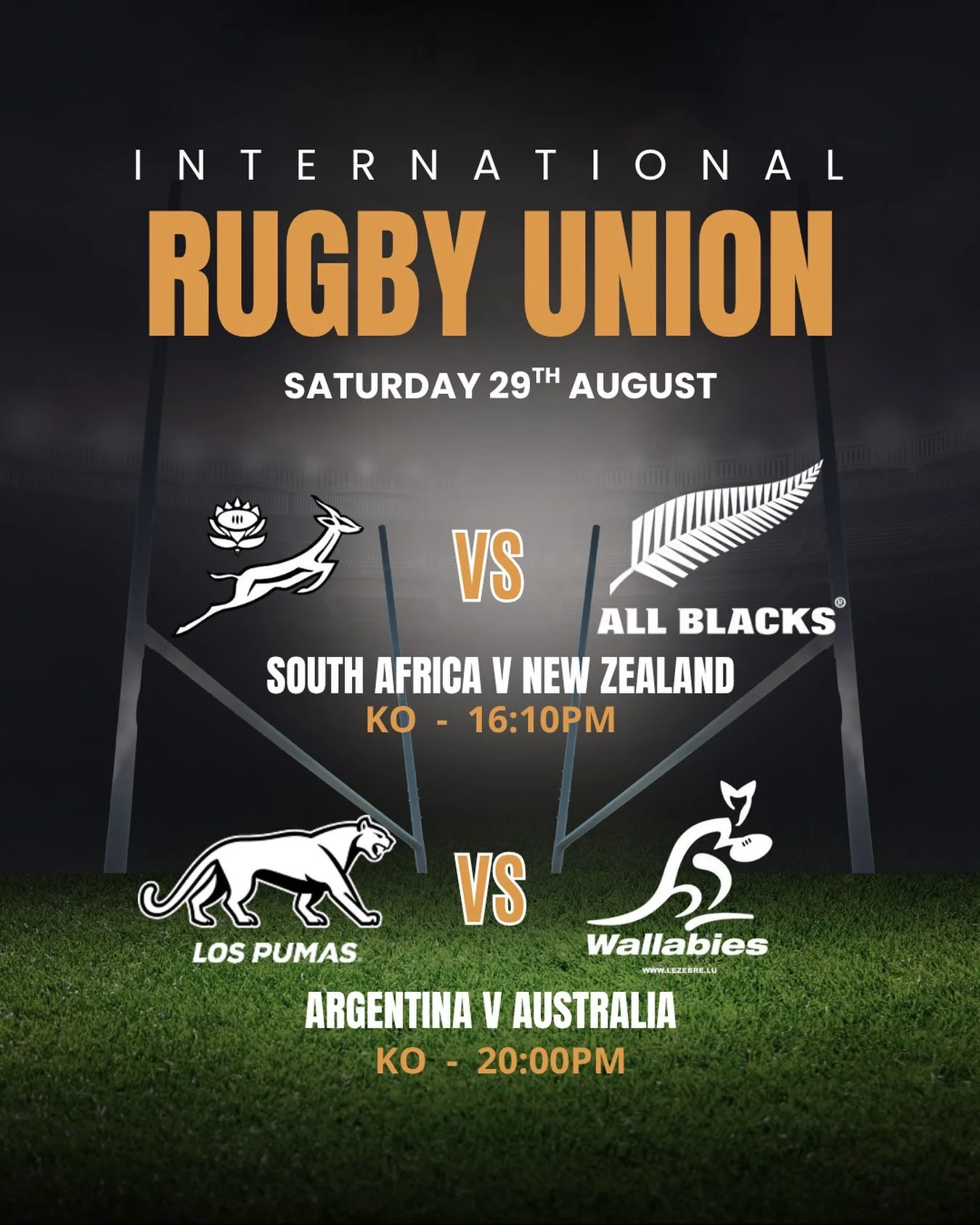 Football fans 🤝 Rugby fans

There&rsquo;s plenty to keep you entertained today! ⚽️🏉

All the Premier League action on the screens, plus two huge rugby clashes!! 👀 

🇿🇦 South Africa v New Zealand 🇳🇿 at 4:10pm
🇦🇷 Argentina v Australia 🇦🇺 at 