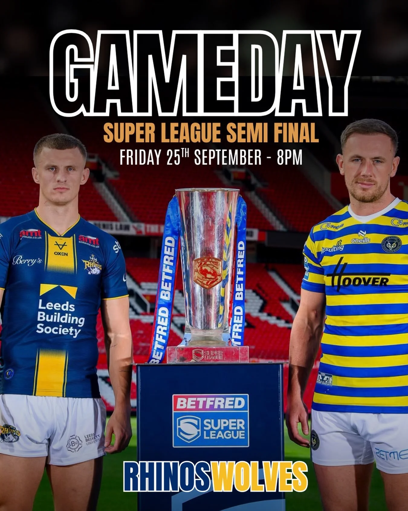 This Friday, the Rhinos battle it out for a place in the Grand Final 💙💛

🏉 Secure your table now and don&rsquo;t miss a second of the action! 🏆