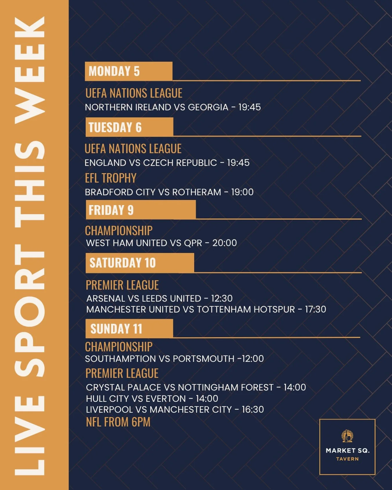 ⚽️ THIS WEEK&rsquo;S SPORTS ⚽️

It&rsquo;s a big one for the Bantams this week!! 

Rotherham United v Bradford City
EFL Trophy - Tuesday | 7pm

🦁 England v Czechia
UEFA Nations League - Tuesday | 7:45pm

Arsenal v Leeds United 💛💙
Premier League - 