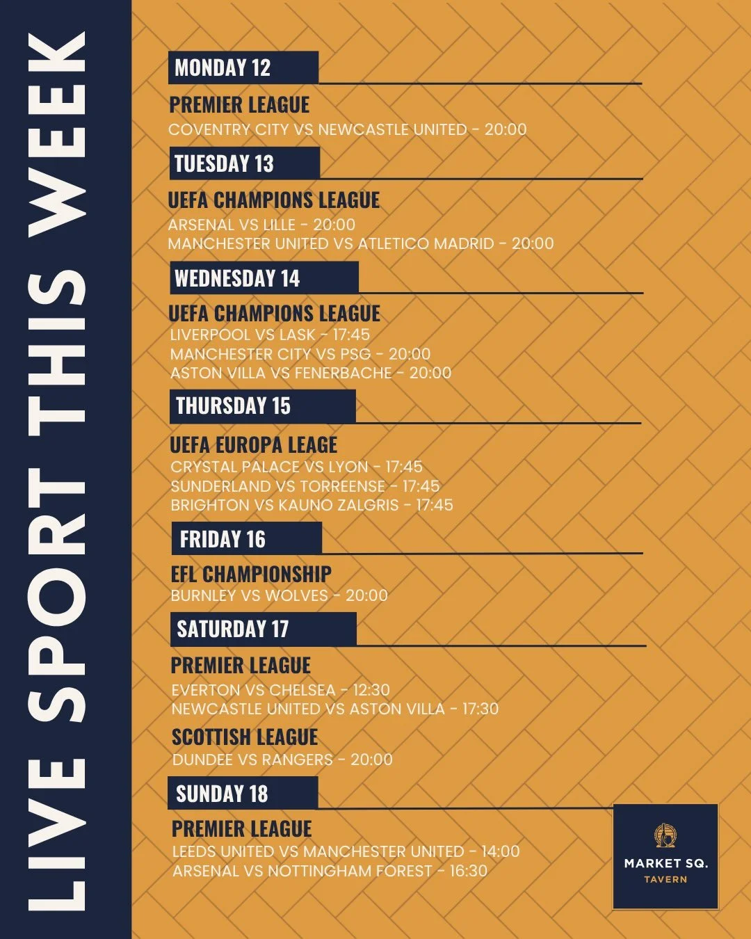 ⚽️ A full week of cracking sport lined up! 🔥

Get the group together, grab a few cold ones and enjoy all the action at Market Square Tavern 🍻

With plenty of reasons to pay us a visit, swipe ➡️ to check out what&rsquo;s on and make MST your home fo