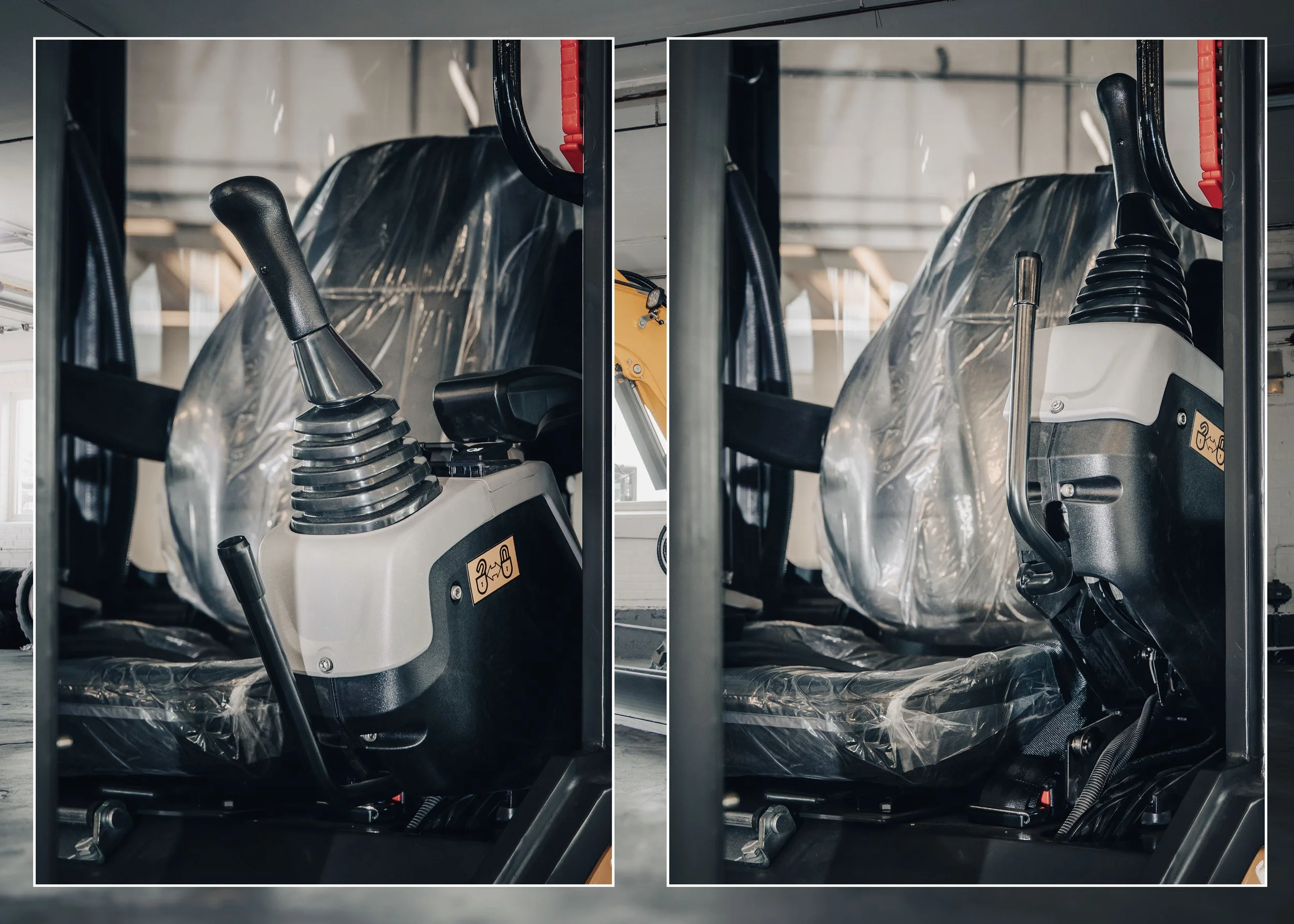 Close-up of the control stick and seat of a construction vehicle, with the seat covered in plastic for protection.