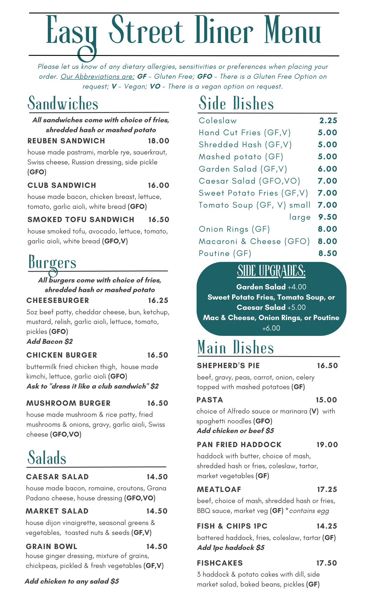 Menu Easy Street Diner