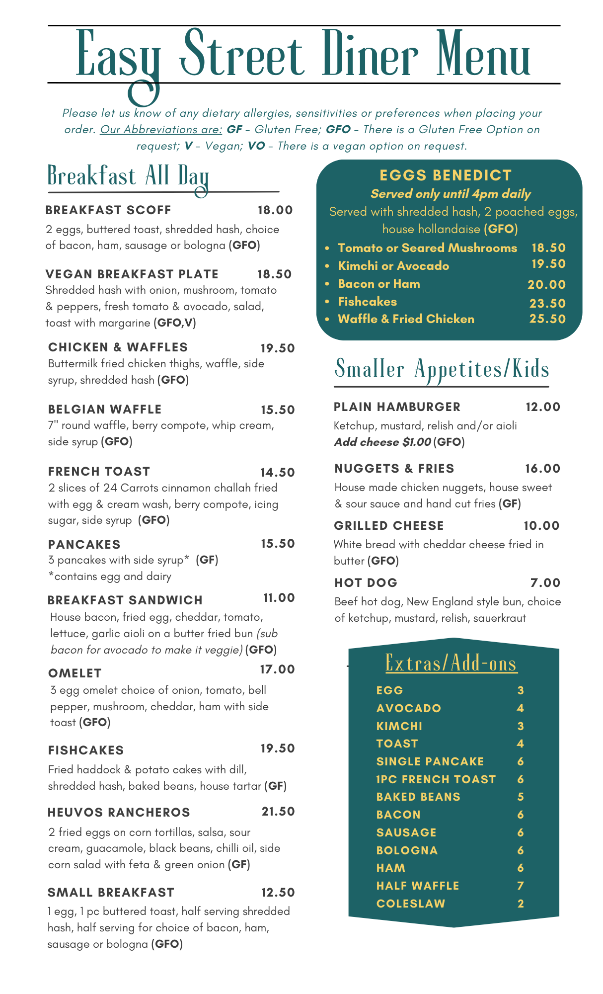 Easy Street Diner Menu Fairview Clayton Park Halifax Easy Street Diner