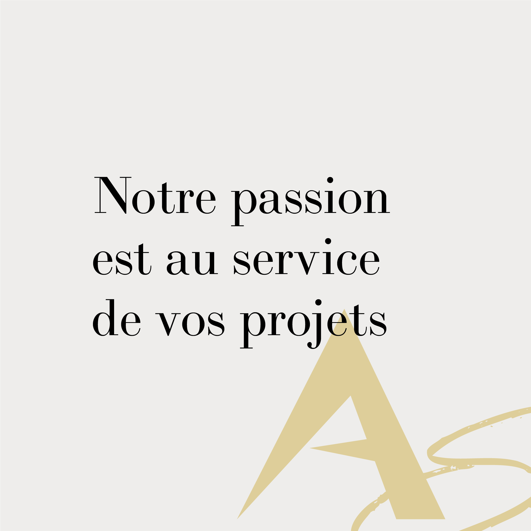 French text on a light background that reads "Notre passion est au service de vos projets" with a beige graphic element.