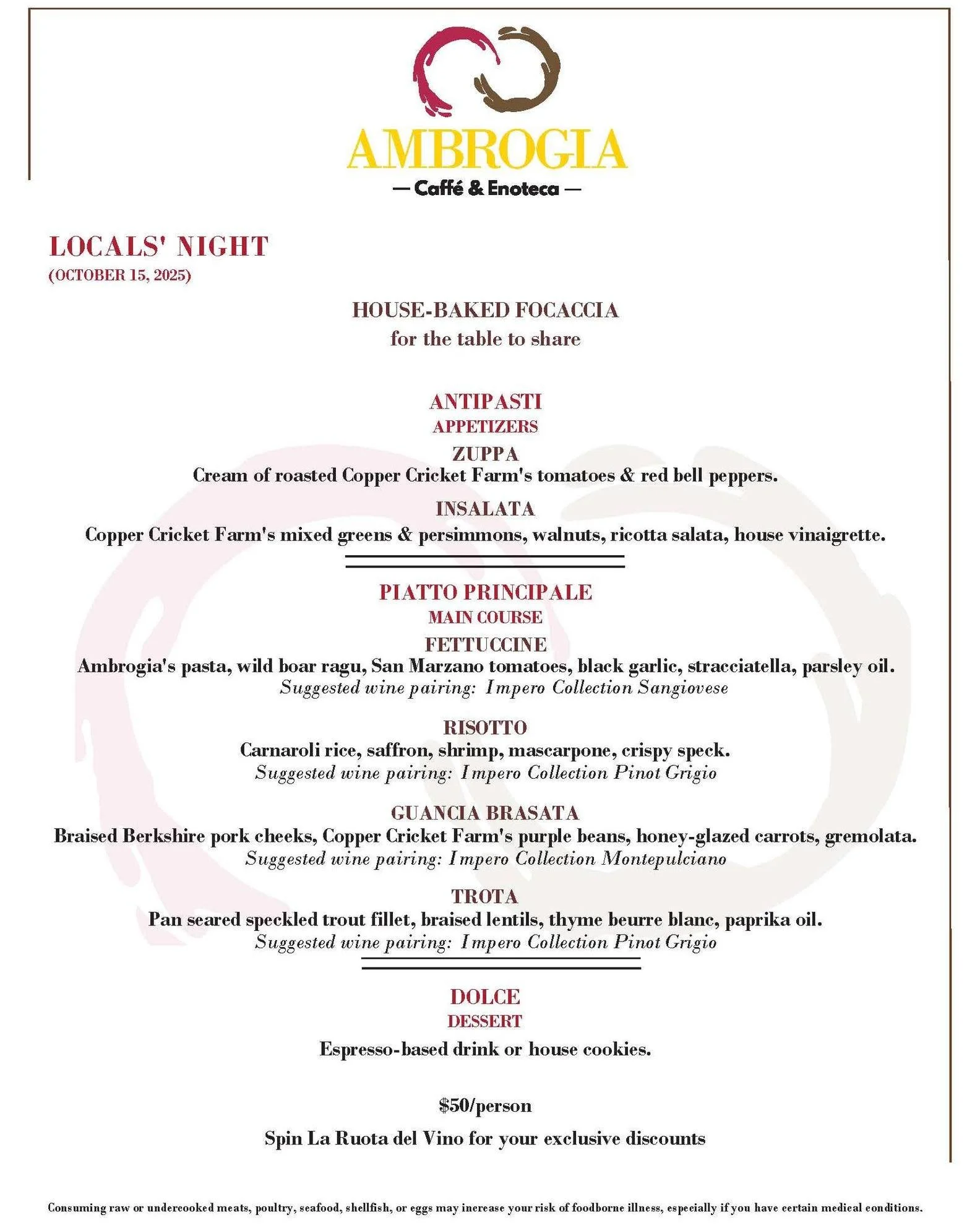 🎉 Locals&rsquo; Night is tomorrow! 🎉

Tomorrow starting at 5 PM, we&rsquo;re serving up comfort, flavor and a little something for everyone.

Handmade fettuccine tangled with wild boar rag&ugrave; &mdash; rich &amp; hearty.
Saffron risotto with shr
