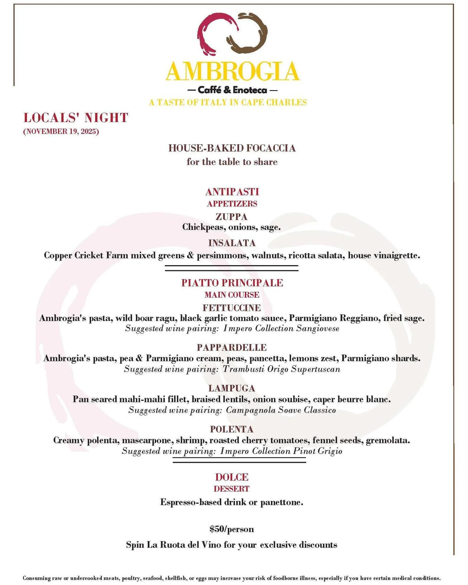 ✨ Locals&rsquo; Night&hellip; but make it twice as good! ✨
This week on Wednesday &amp; Thursday from 5 pm &mdash; and a menu meant to charm every appetite.

Will you twirl your fork into our handmade fettuccine with wild boar rag&ugrave; &mdash; ric