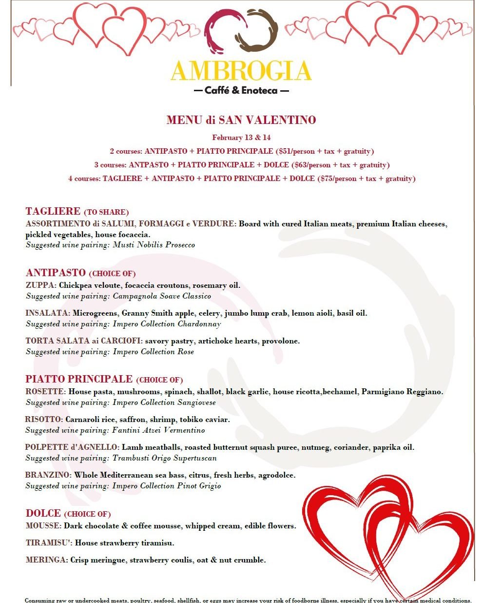 Valentine&rsquo;s Weekend at Ambrogia ❤️
Friday the 13th &amp; Saturday the 14th

A celebration of love, Italian flavors, and the simple pleasure of choosing your own path. 

Our Valentine&rsquo;s prix-fixe menu is ready &mdash; thoughtfully crafted,