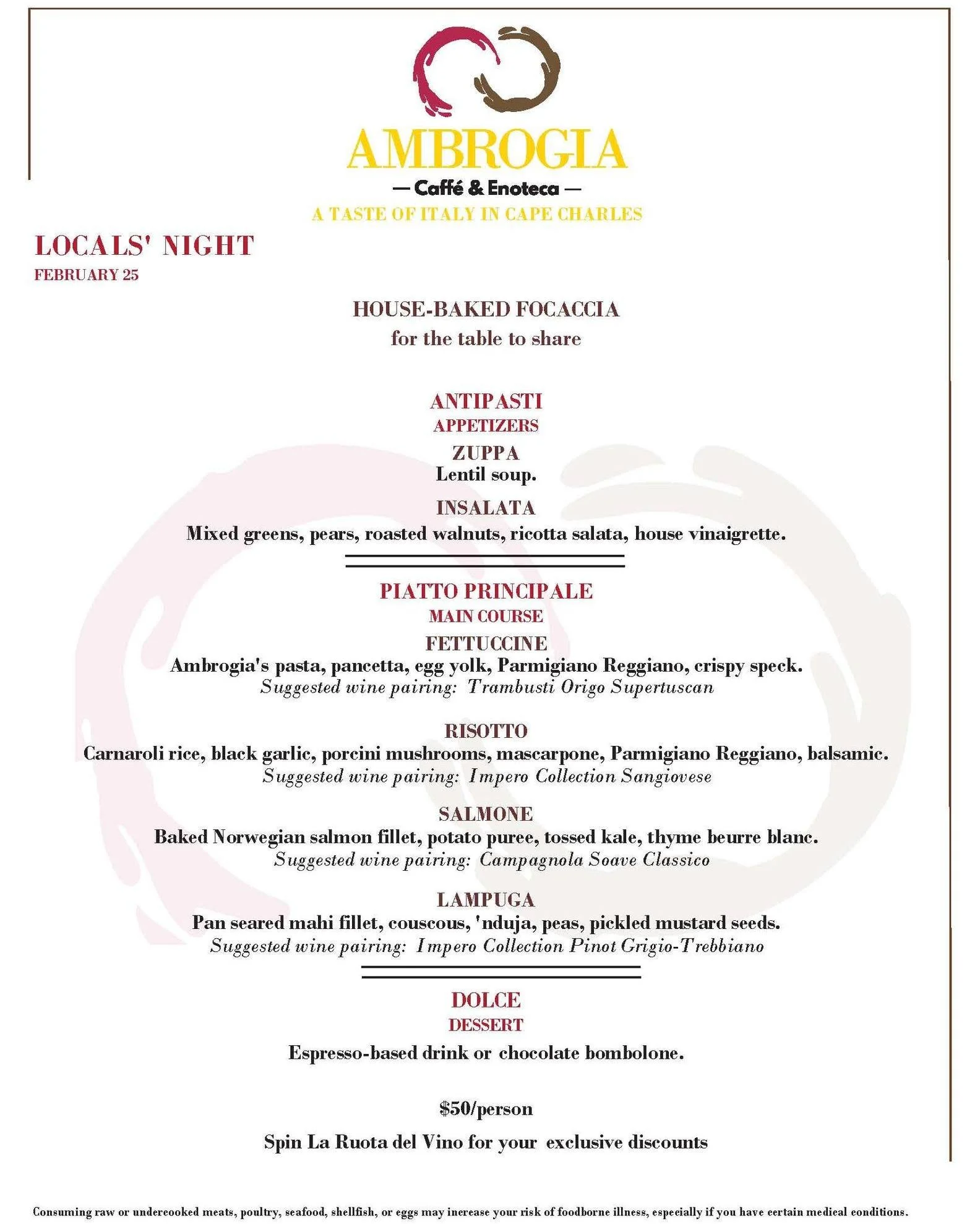 Locals&rsquo; Night is the kind of evening that calls for a table, a glass of wine and a plate of something made by us.

We start with house-baked focaccia for the table &mdash; because bread should always be shared. A comforting lentil soup or a pea