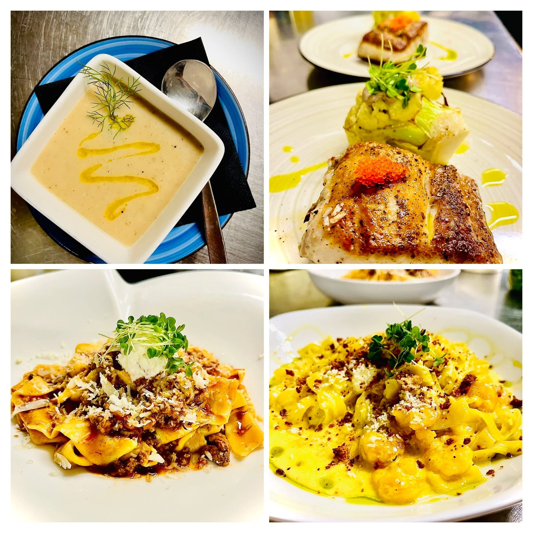 Why choose just one?

Silky saffron fettuccine with shrimp. Handmade pappardelle with wild boar rag&ugrave;. A warm bowl of fennel and cannellini bean soup. A beautiful mahi fillet with roasted cauliflower and black garlic aioli.

Honestly&hellip; th