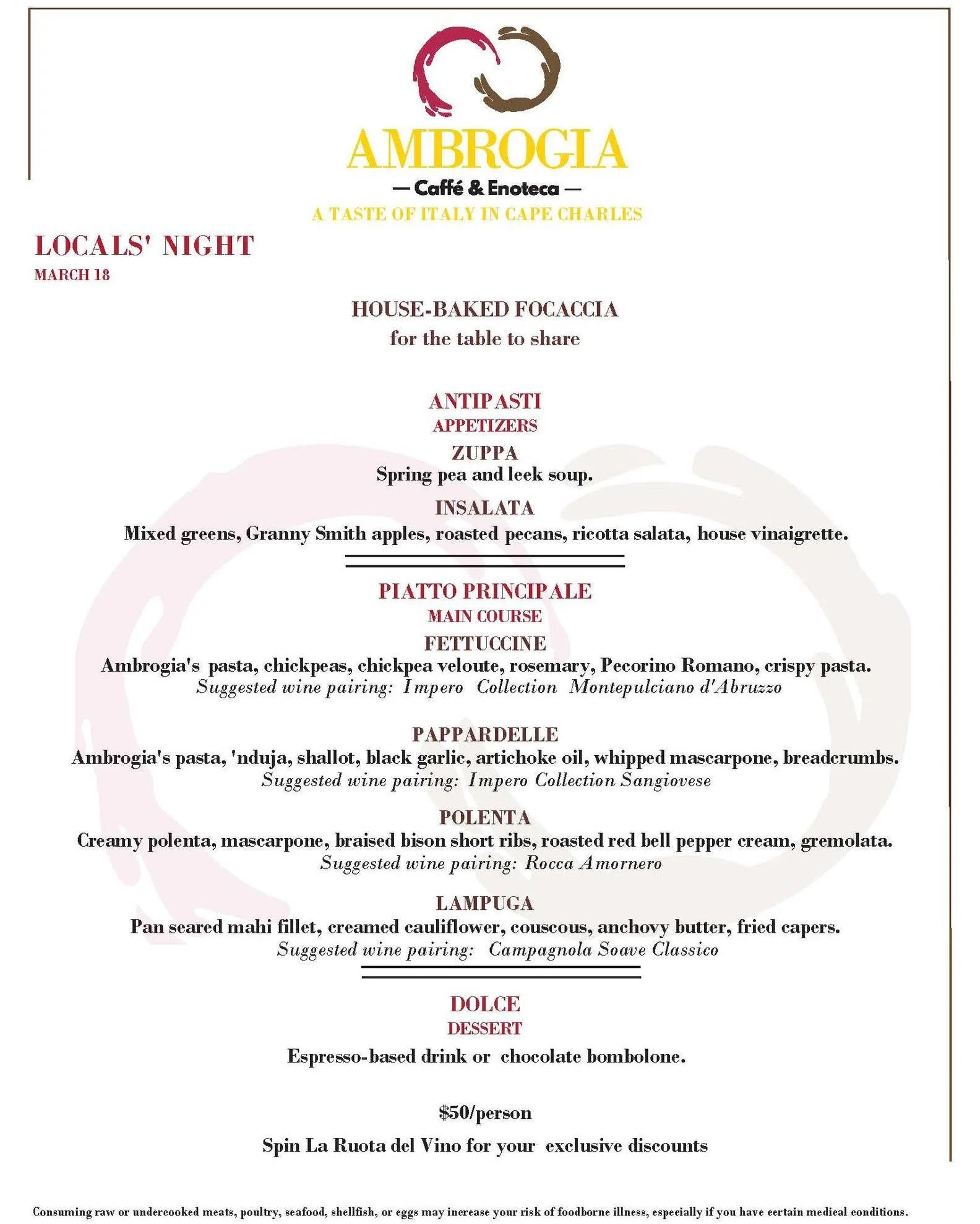 The temperature may still be playing games outside&hellip; but inside Ambrogia we&rsquo;ll be turning up the heat in more ways than one beginning tomorrow for Locals&rsquo; Night.

The kitchen will be sending out bowls of handmade pasta, slow-braised