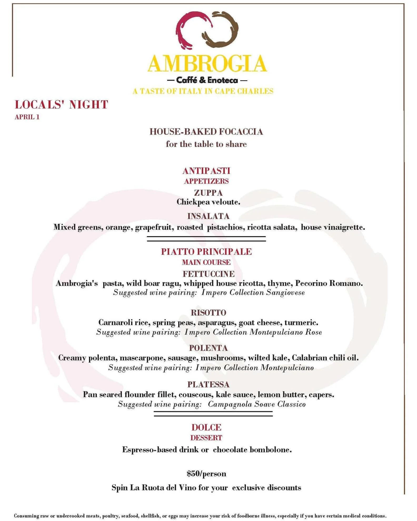 Locals&rsquo; Night returns tomorrow&hellip; and this menu feels especially close to home.

Handmade fettuccine with slow-braised wild boar rag&ugrave; and whipped ricotta. A vibrant risotto with asparagus, peas and a touch of turmeric goat cheese. C