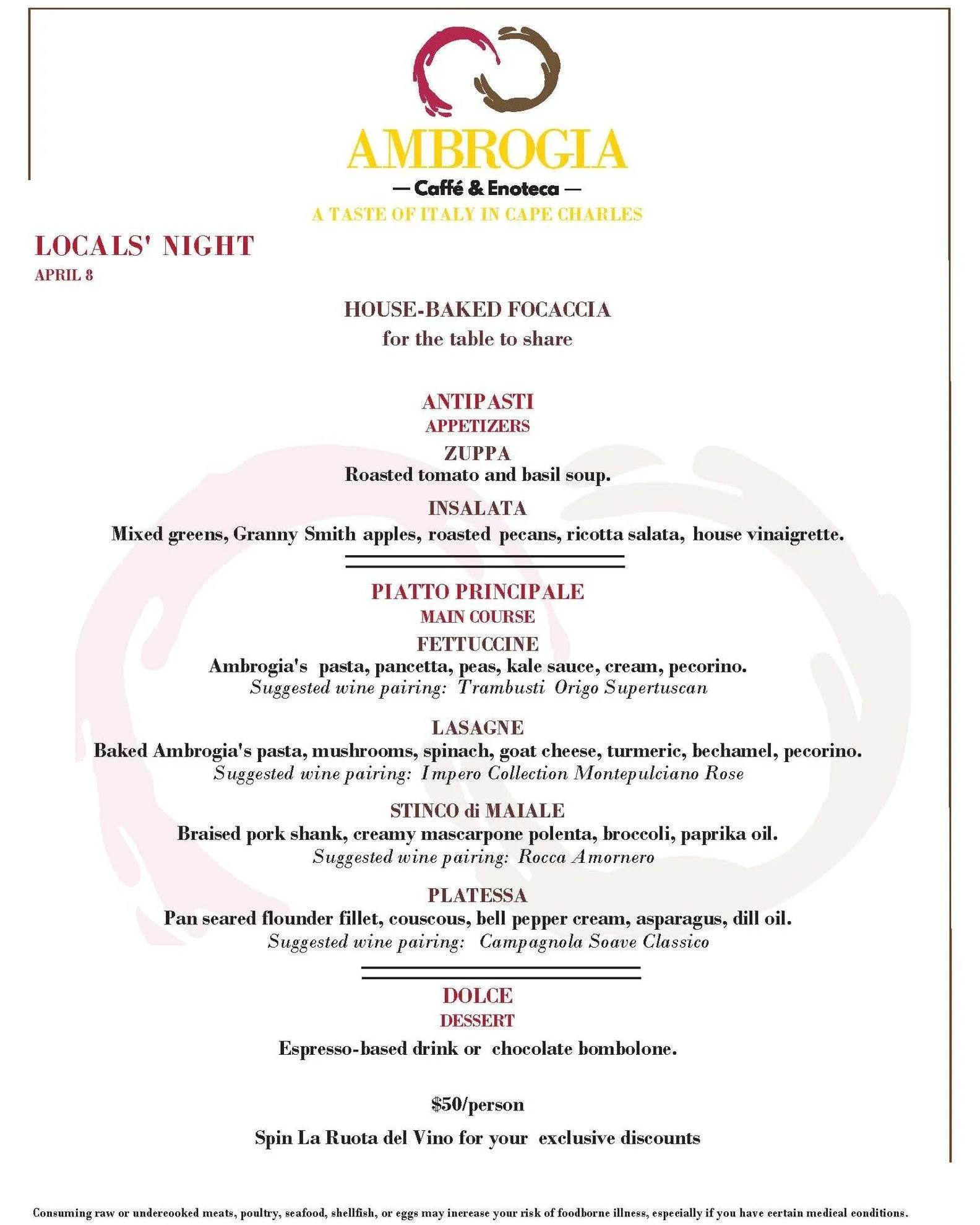 Tomorrow. 5 PM. Locals&rsquo; Night.
Which dish will you choose?

Fettuccine with a deep, silky kale sauce, pancetta and sweet peas.
Vegetarian lasagne layered with mushrooms, spinach, b&eacute;chamel and turmeric goat cheese.
Braised pork shank over