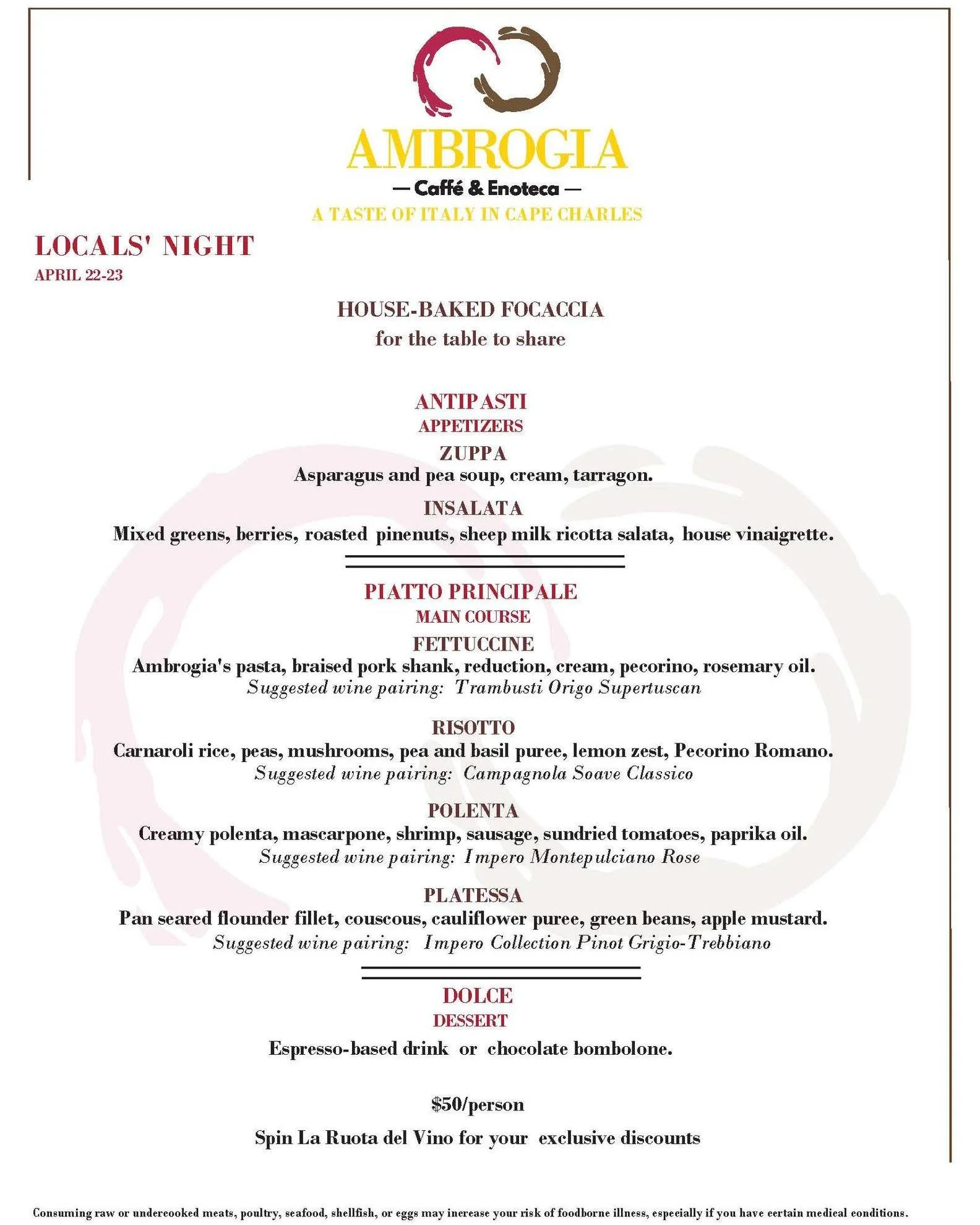 Locals&rsquo; Night returns this Wednesday and Thursday (bonus evening!).

We begin, as all good evenings should, with warm house‑baked focaccia. Then spring takes the stage: a silky asparagus&ndash;pea soup with a whisper of tarragon, or a bright be