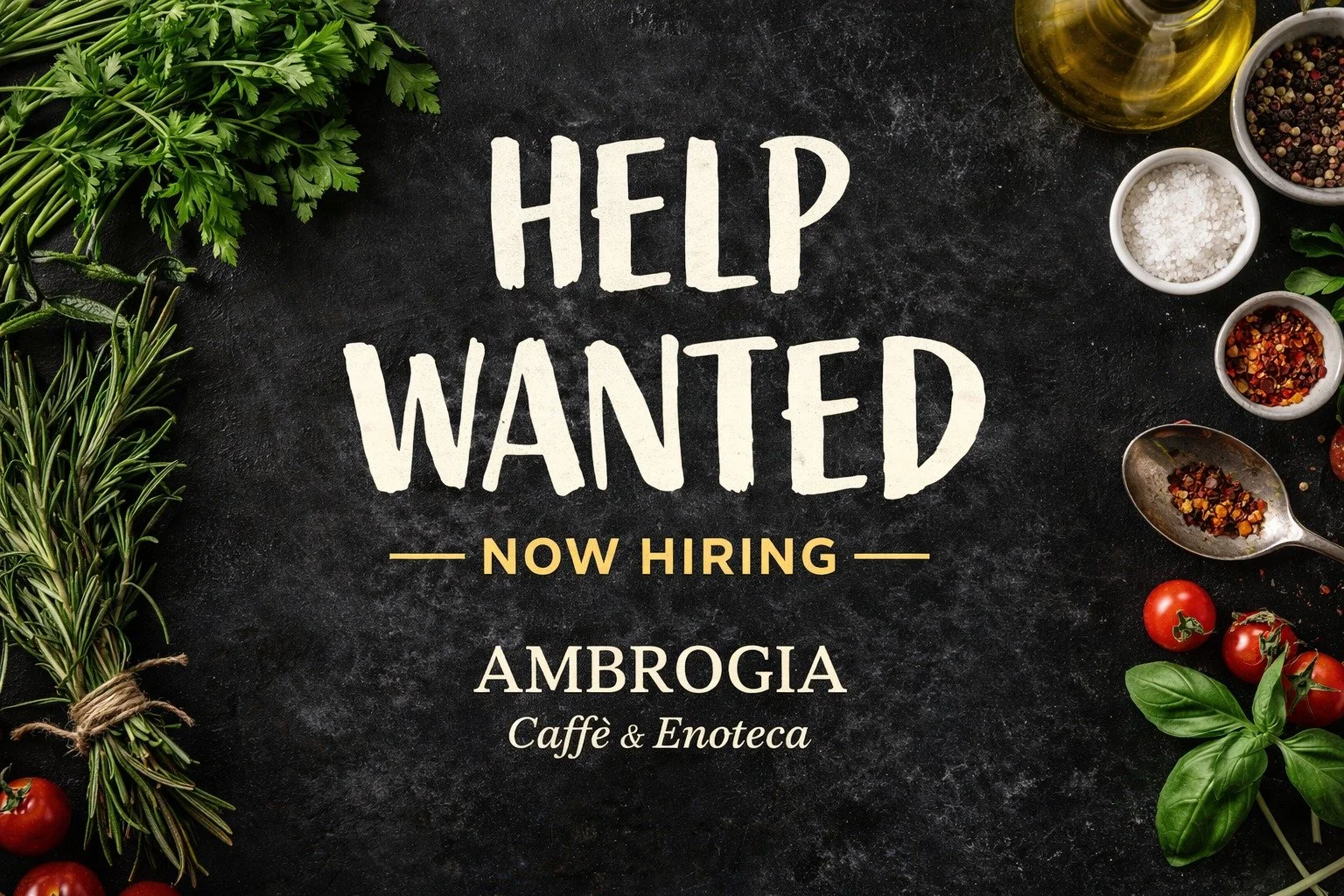 We&rsquo;re still looking for a dishwasher to join our team.

Requirements:
&bull; Minimum age: 16
&bull; Reliable transportation
&bull; Availability from 4&ndash;10 PM

If you&rsquo;re dependable, hardworking and want to be part of ourt kitchen envi