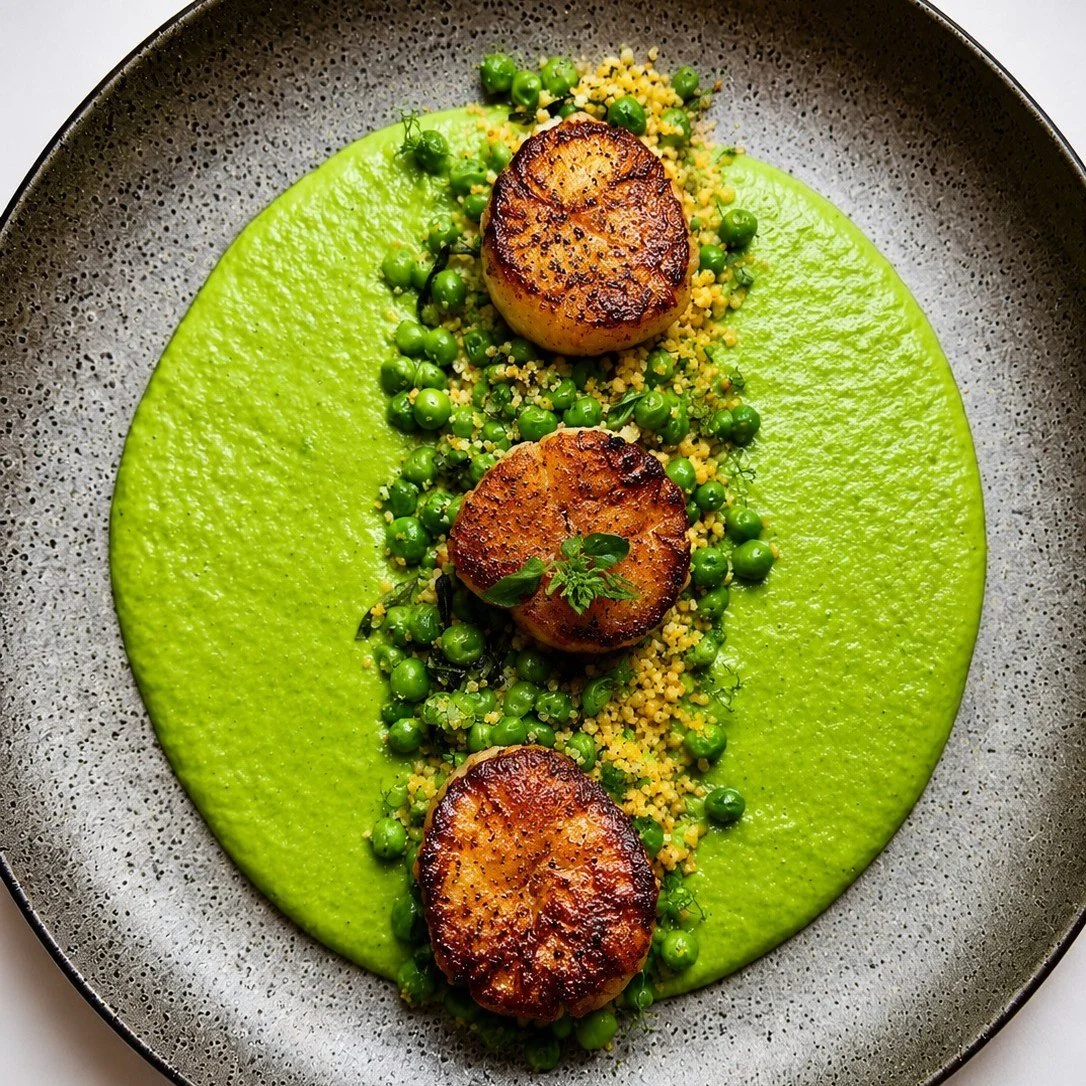 This week's scallops taste like summer.

Beautiful sea scallops, seared until golden and caramelized, resting on a vibrant pur&eacute;e of sweet peas and basil. Accompanied by couscous and spring peas, each element brings its own texture and characte