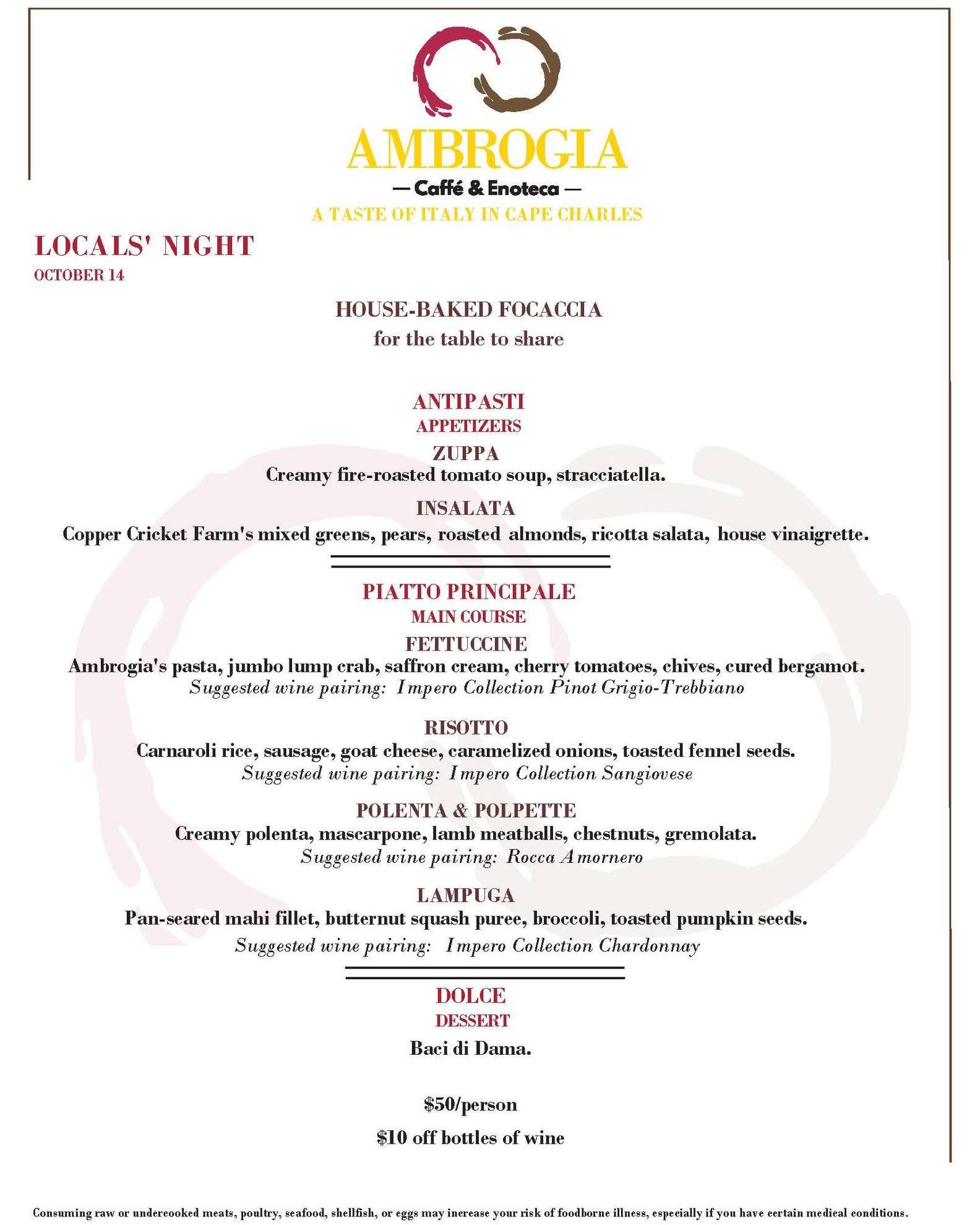 Wednesday is approaching, and naturally, the most important question of the week is back: Soup or salad? Fettuccine or risotto? Sea or land? Elegant or rustic? 

At Ambrogia, Locals&rsquo; Night is a little Wednesday adventure. Four courses, a table 