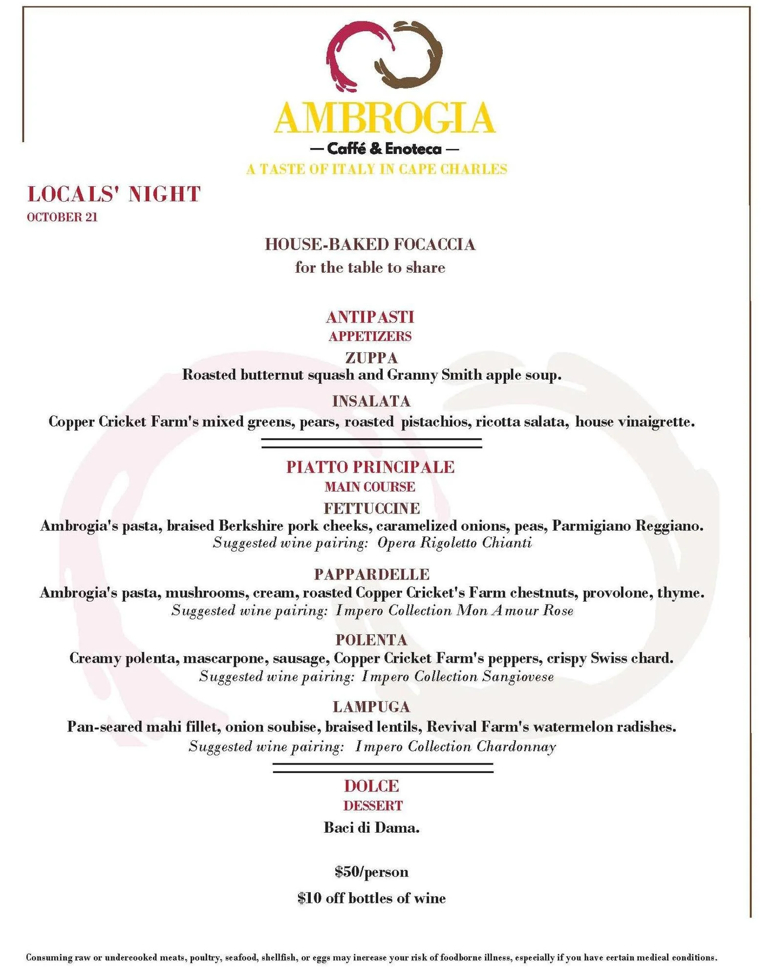 Locals&rsquo; Night &mdash; A night made for you

Wednesday nights are all about you &mdash; our neighbors, friends and regulars who make Ambrogia what it is. 

Will you twirl into the evening with our handmade fettuccine or pappardelle, silky and fr