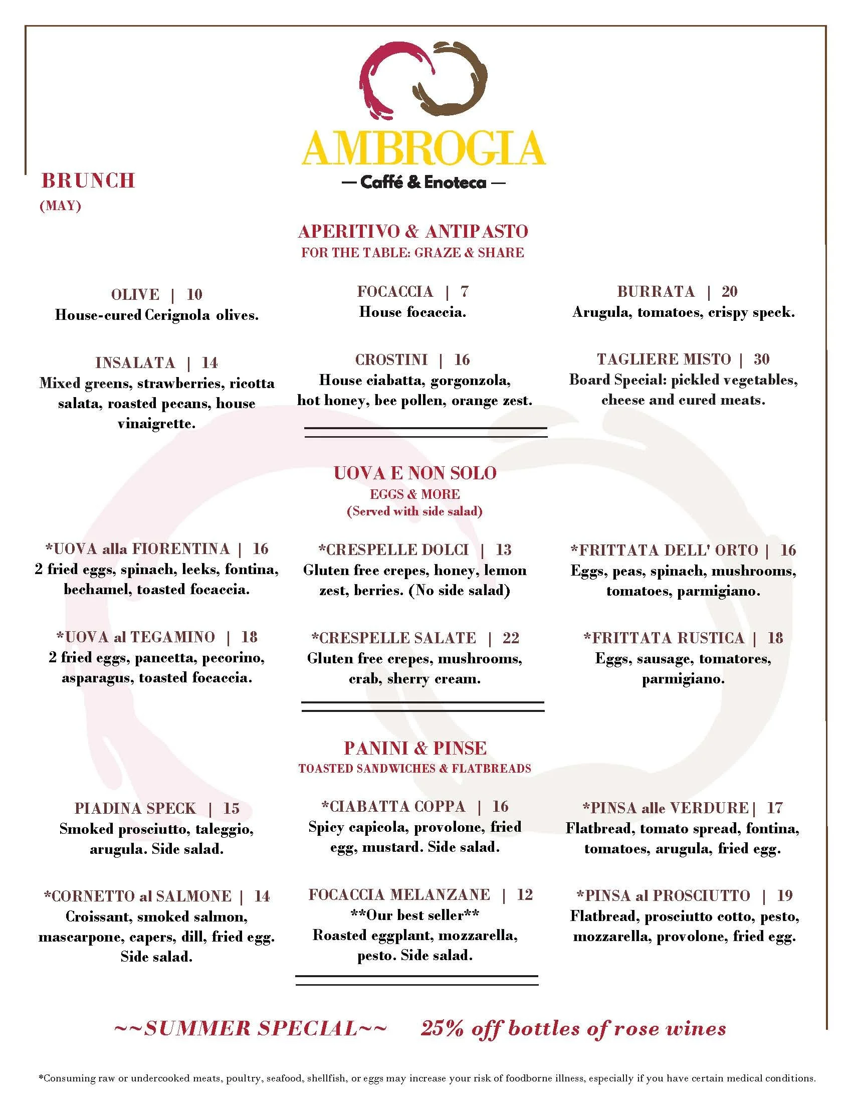 Menu titled 'Ambrogia Caffè & Enoteca' featuring various Italian dishes, including antipasto, pasta, and salads, with descriptions and prices, and a summer wine special at 25% off.
