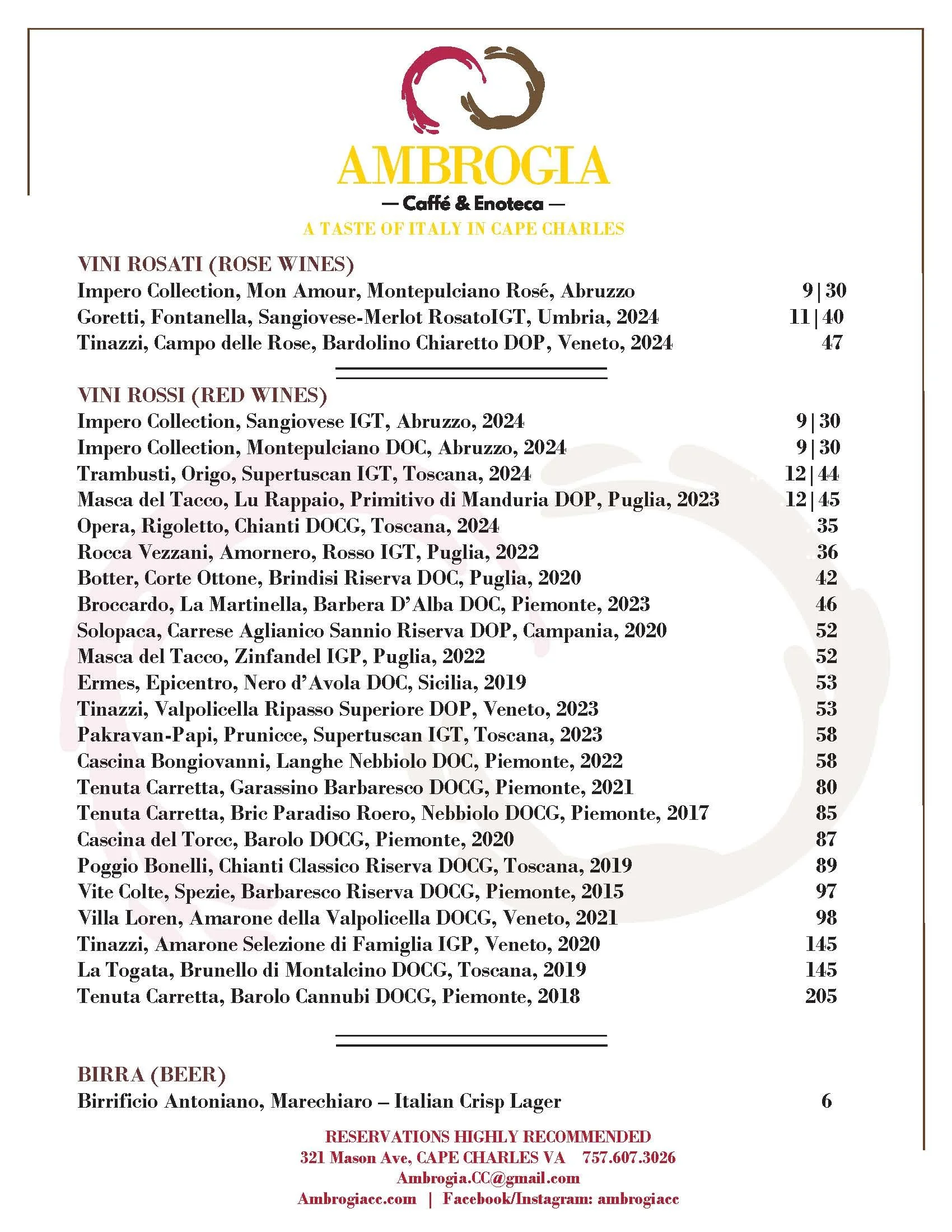 Menu from Ambrogia cafe and enoteca in Cape Charles divided into sections for rosé and red wines, listing various wine names, regions, and prices.