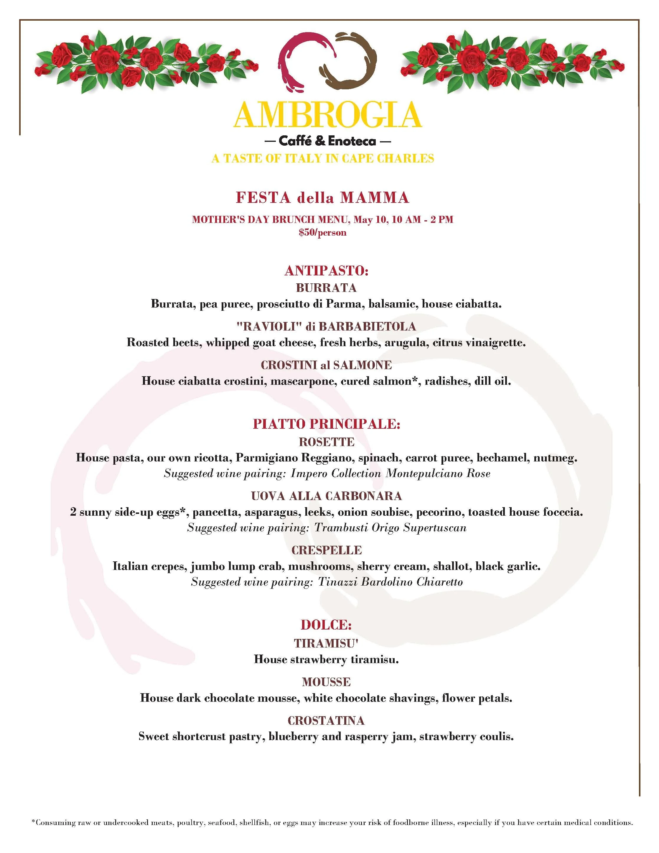 Event menu featuring Italian dishes and desserts, including antipasto, ravioli, crostini, eggs, and house strawberry tiramisu, with floral decorations at the top.