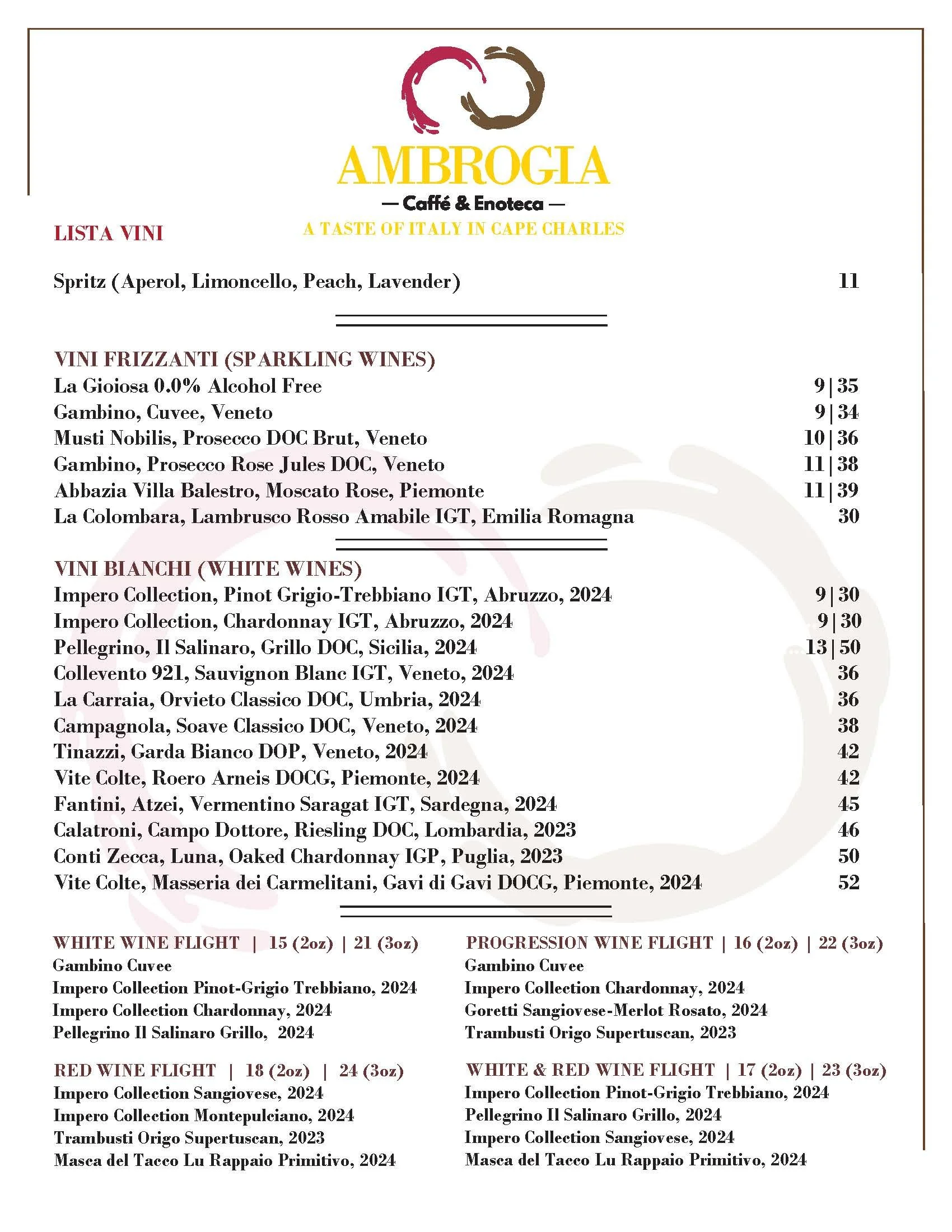 A breakfast menu from Ambrogia Caffé & Enoteca in Cape Charles, featuring wine selections, white wine flights, red wine flights, and pairing options.