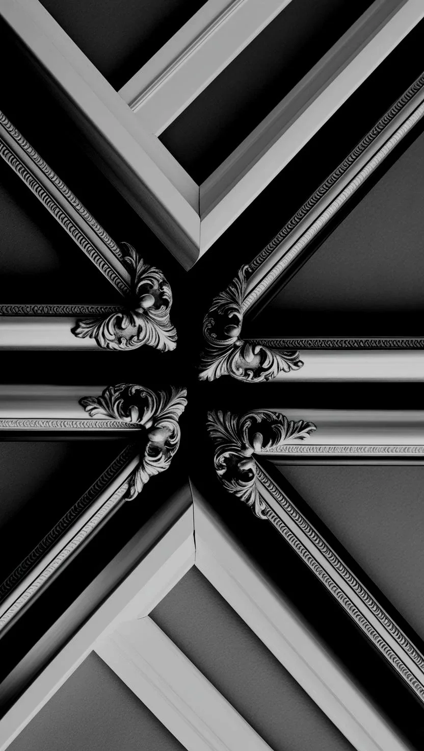 Black and white close-up of an ornate ceiling corner with detailed moldings and decorative elements.