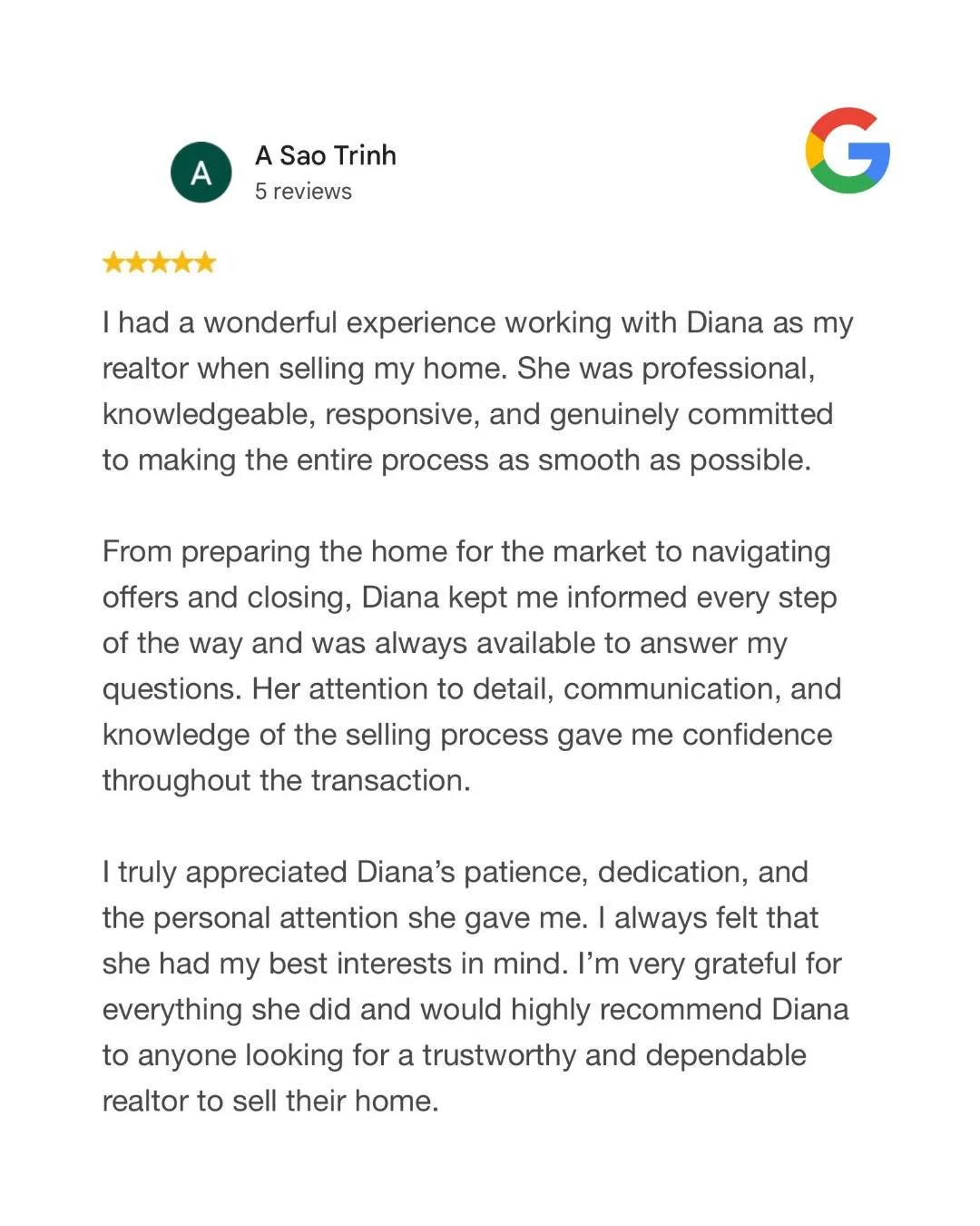 "I always felt that she had my best interests in mind."

From prep to offers to closing, @mshousenerd kept her seller informed every step of the way. Professional, responsive, and genuinely dedicated to making the process smooth. That's Dia