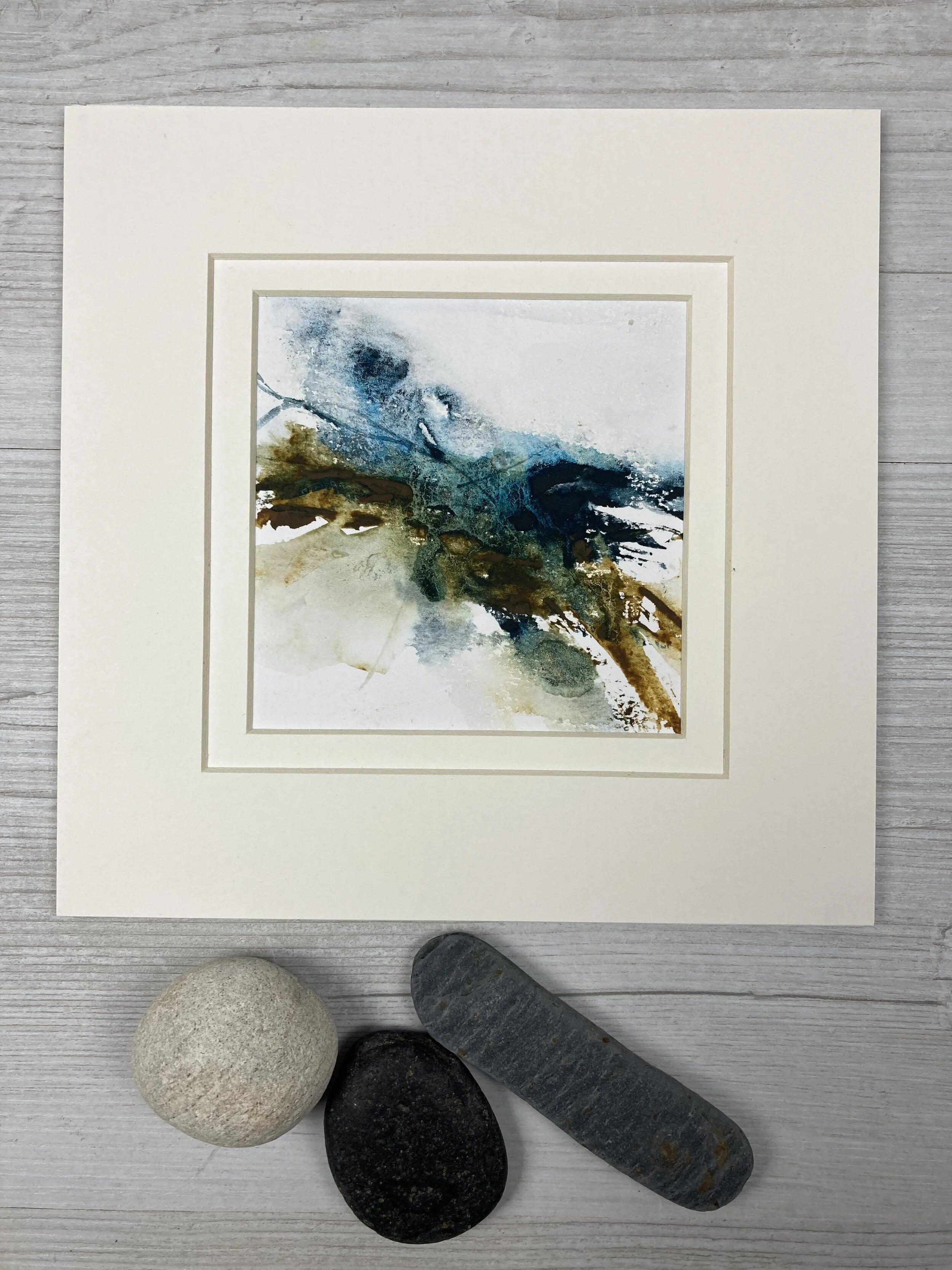 Silently Lights the Clouded Sky  by Carolyn J Roberts-  a semi-abstract mixed media seascape painting inspired by the changing weather of the Cornish coast