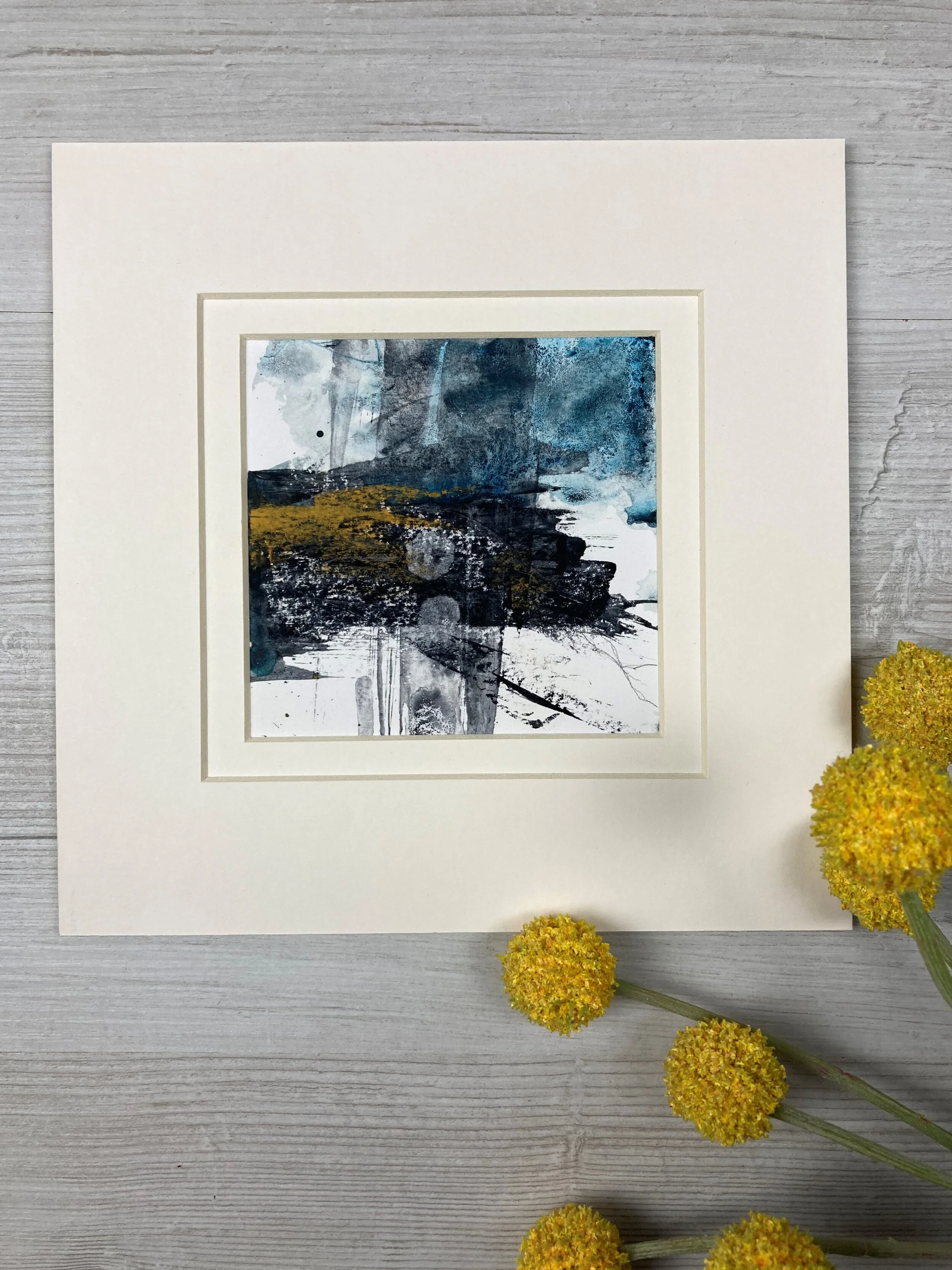 There Lives the Echo of the Sea by Carolyn J Roberts -  a semi-abstract mixed media seascape painting inspired by the cliffs, caves & crevices of the Cornish coast