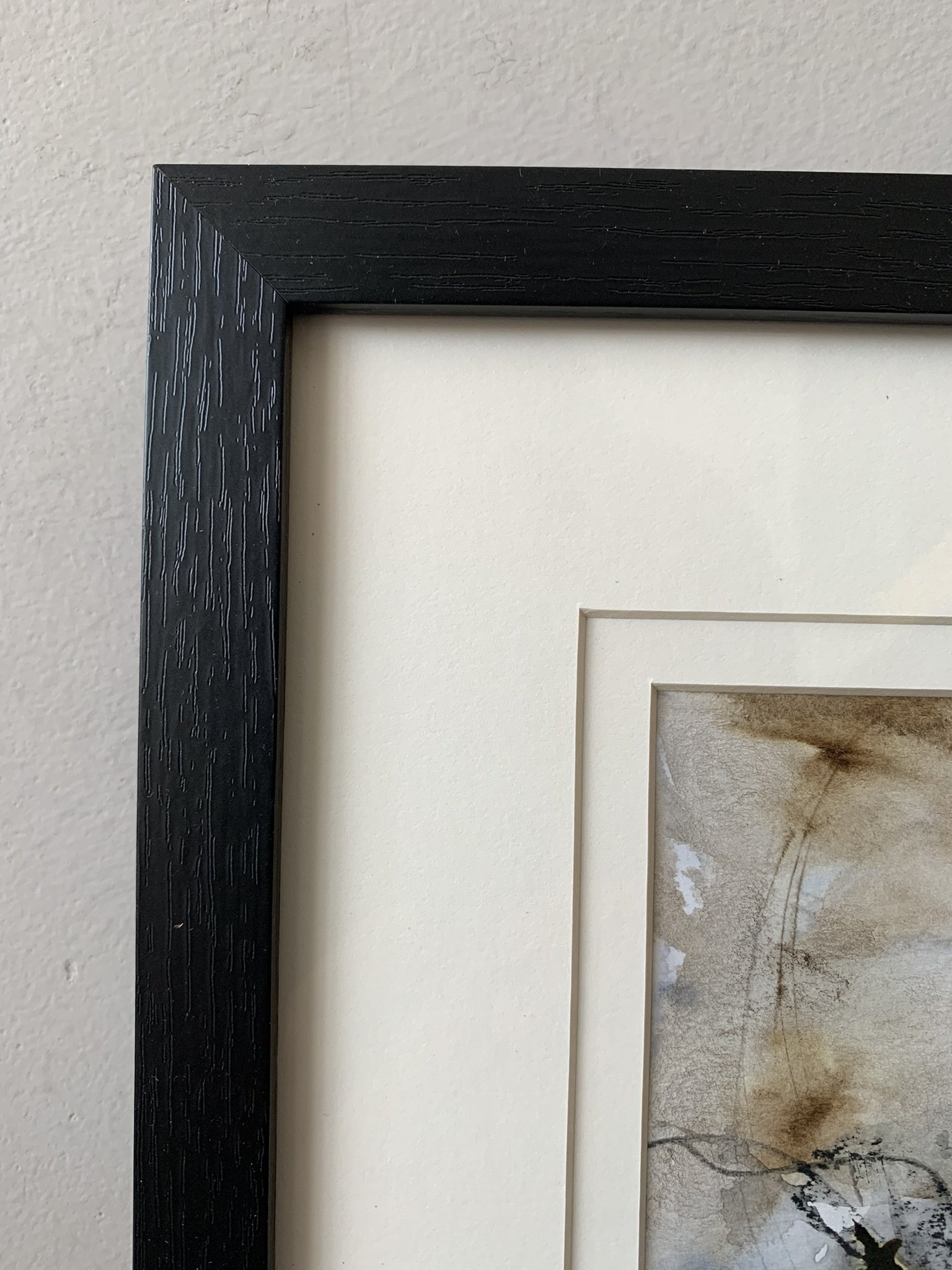 Close up details of the frame and mount of this expressive watercolour and ink painting