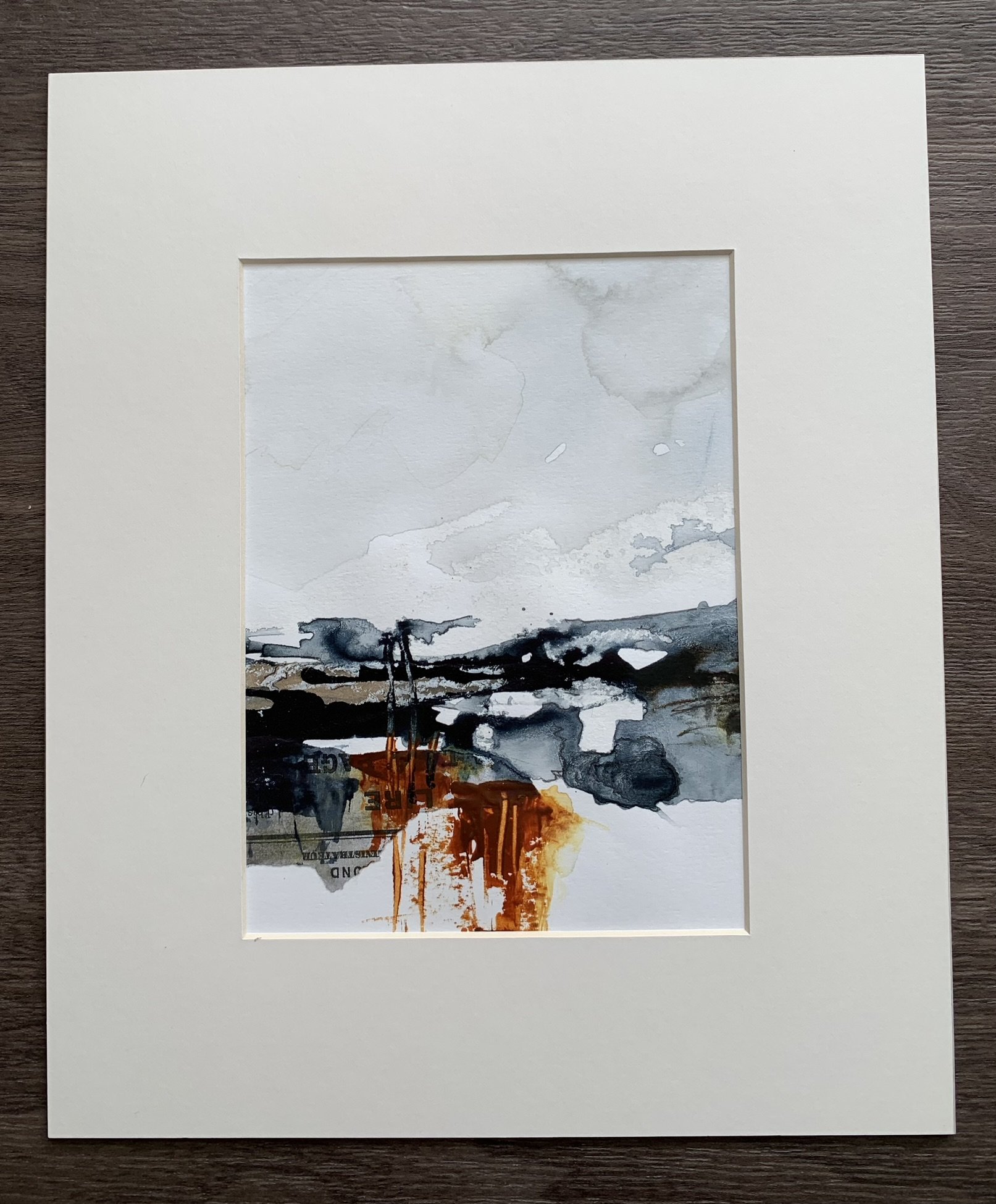 An expressive seascape painting in watercolour, ink and oil pastel