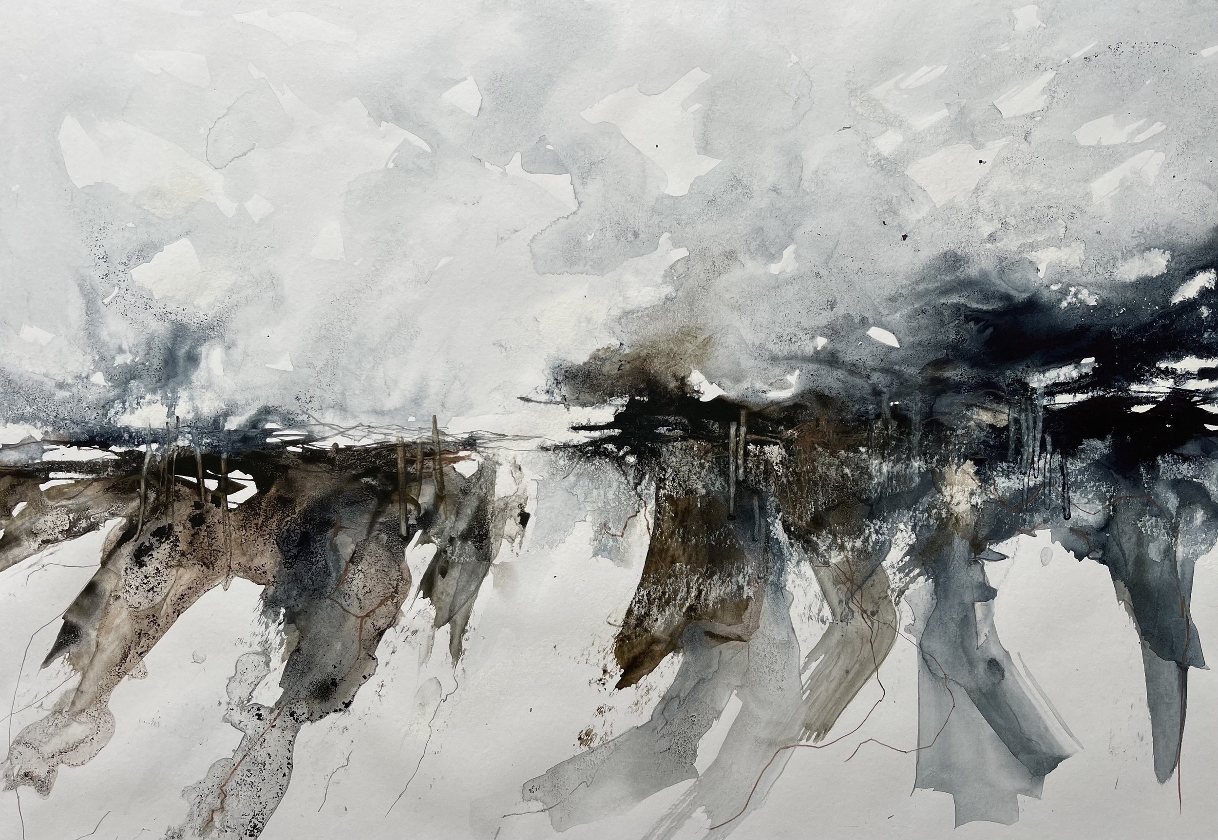 Details of the watercolour washes of this abstract seascape inspired by the Norfolk coastline