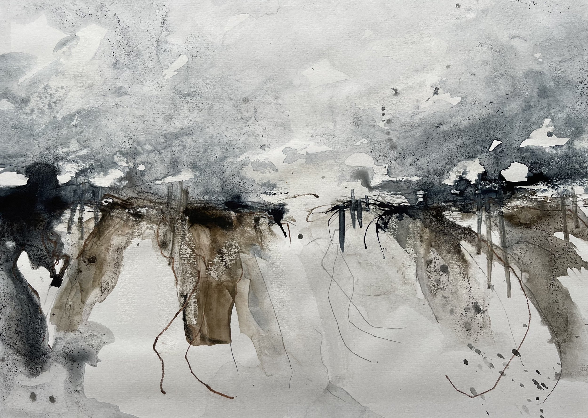 Close up of the watercolour washes and ink marks that create this semi-abstract seascape painting