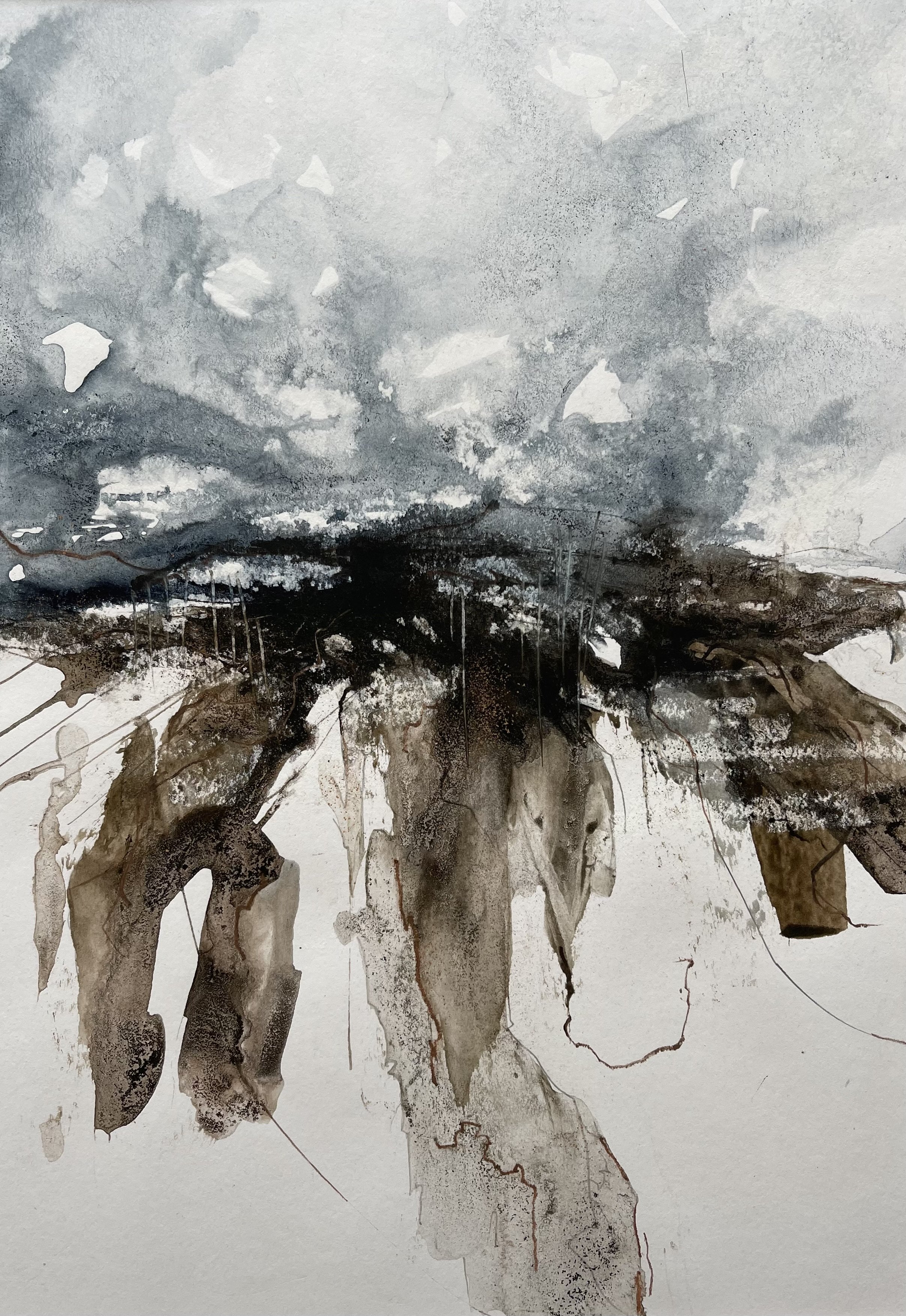 Closse up detail of this abstract seascape painting in watercolour and ink