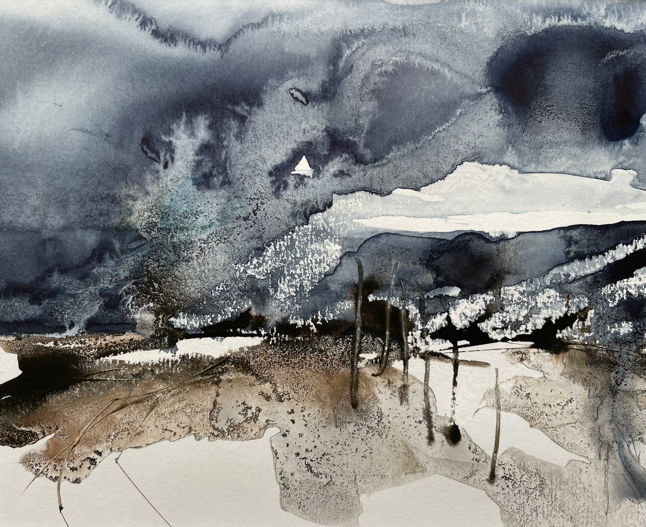Close up detail of watercolour and ink washes of this expressive seascape painting