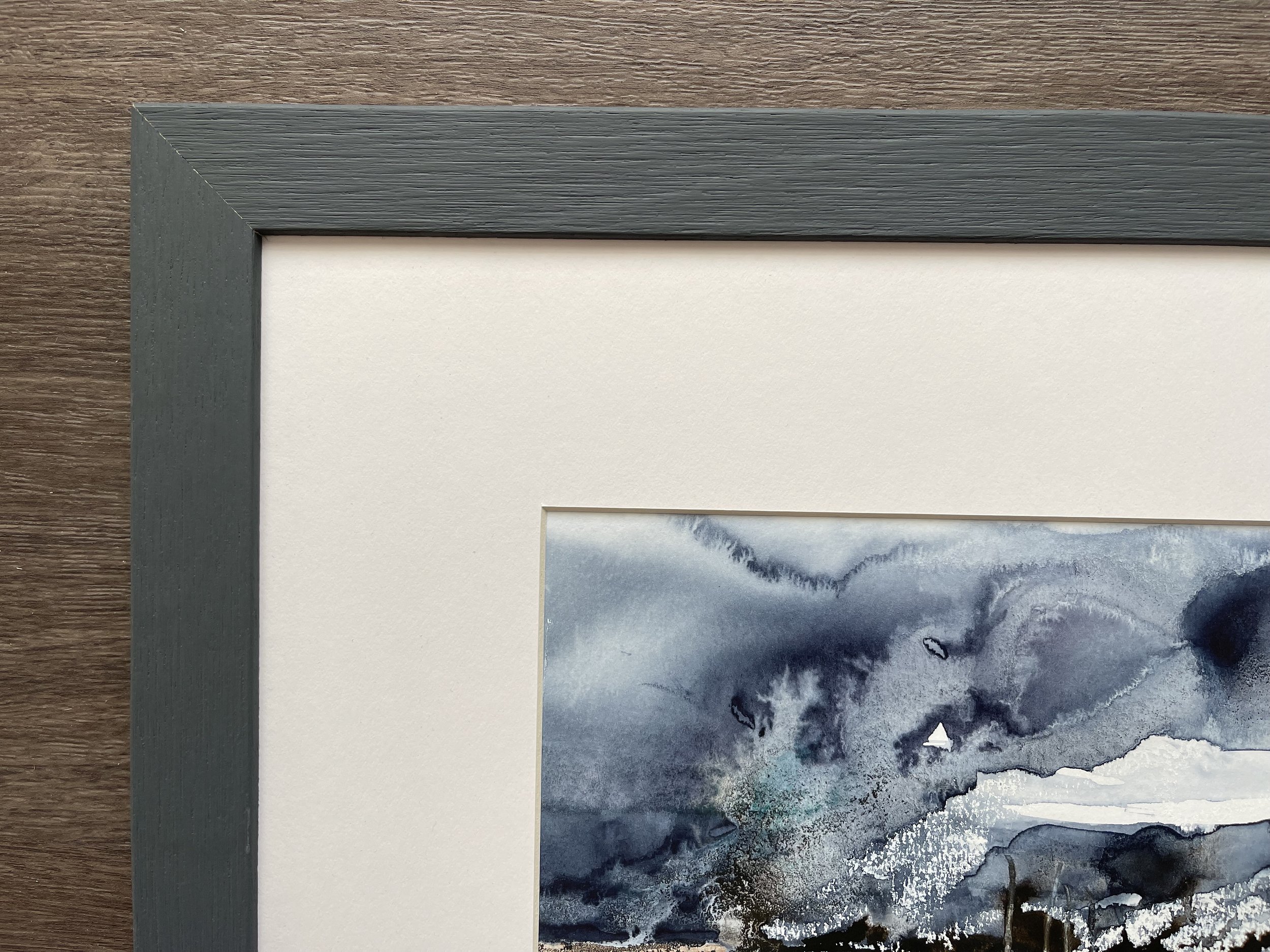Close up of the frame and mount of this semi-abstract seascape painting inspired by the Norfolk coastline