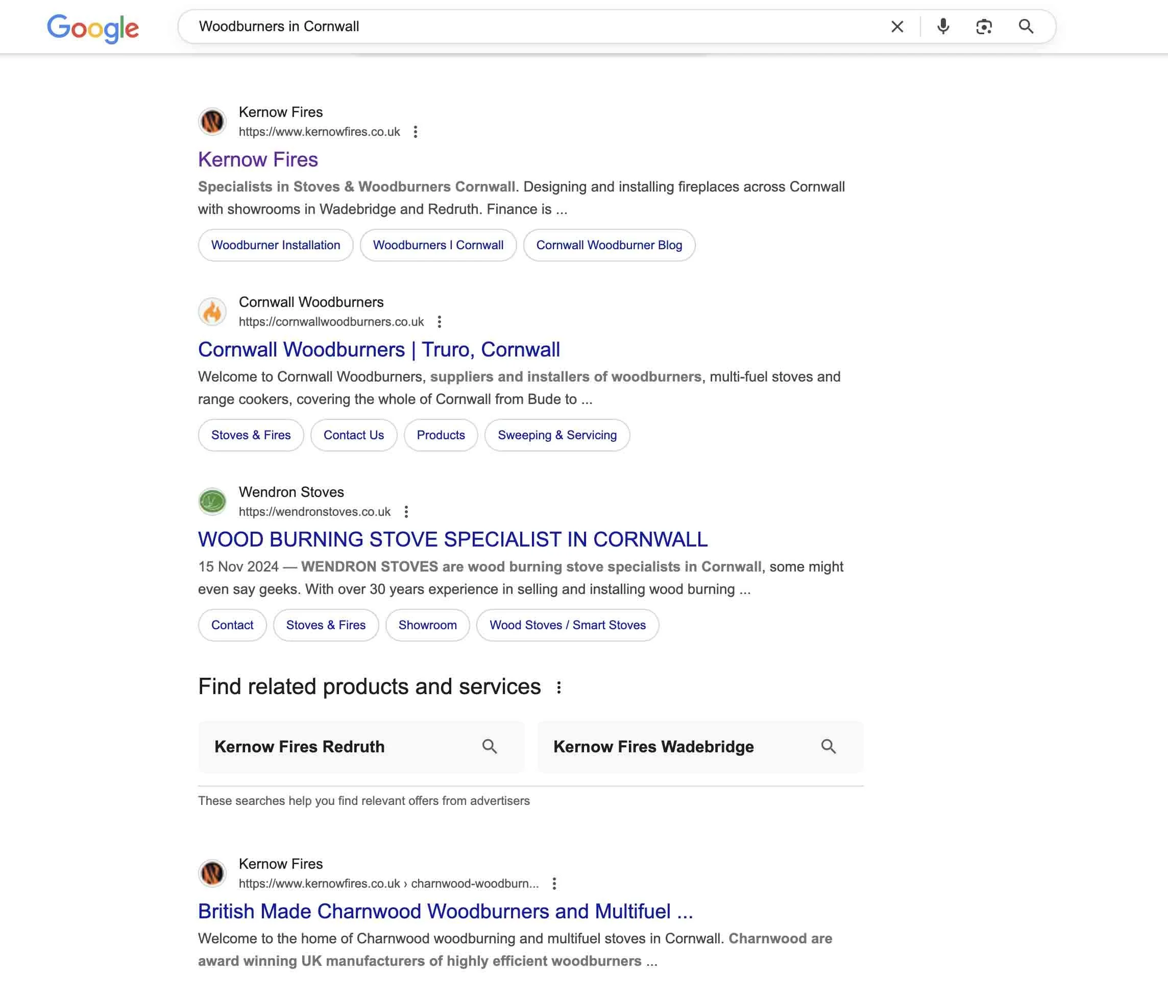 A Google Search brings Squarespace website for Kernow Fires up first in a local search.