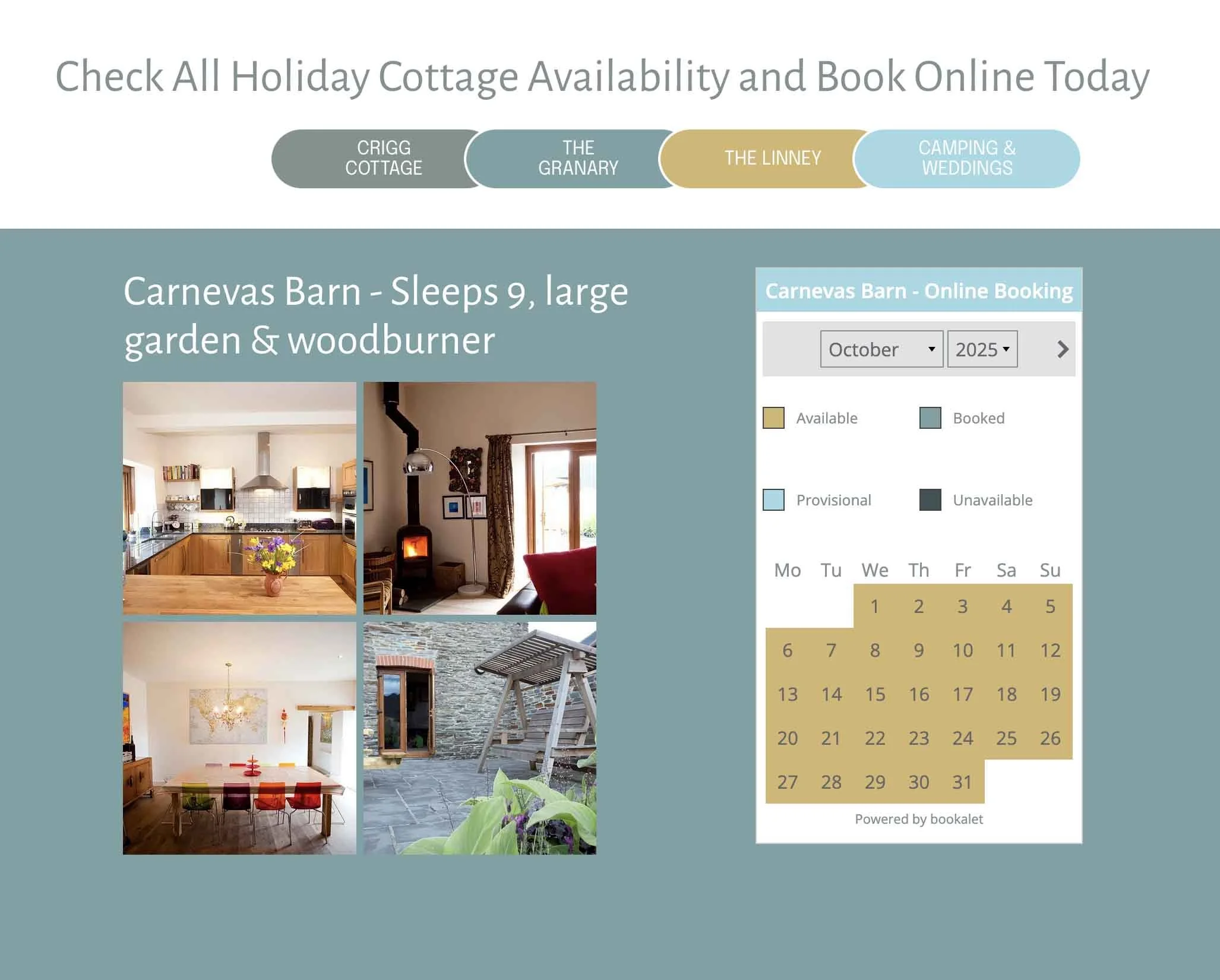 Colour doced design for each holiday home and a simple booking system with dates clearly visible