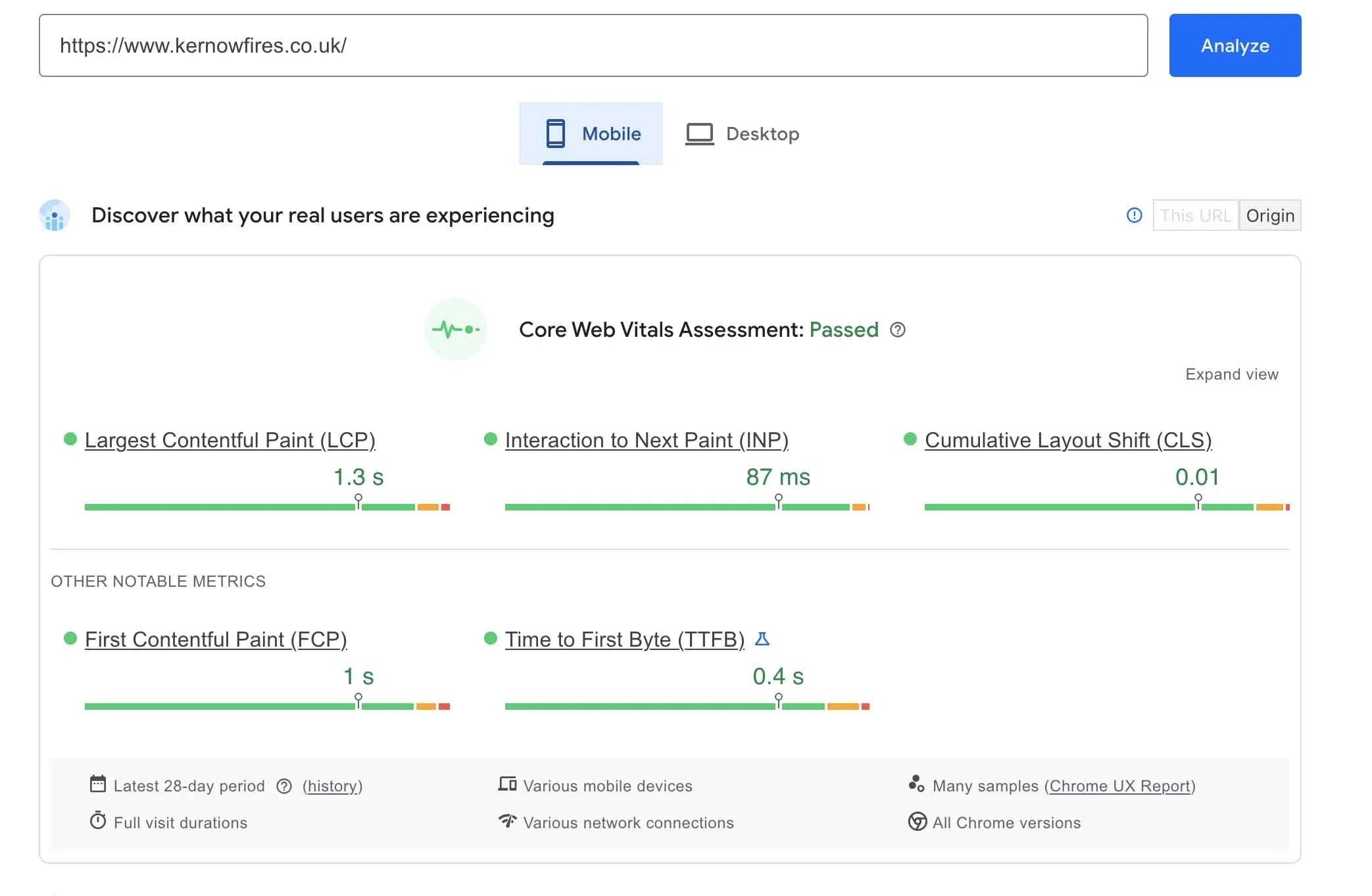 Page Speed Data -  All green meaning fast loading times