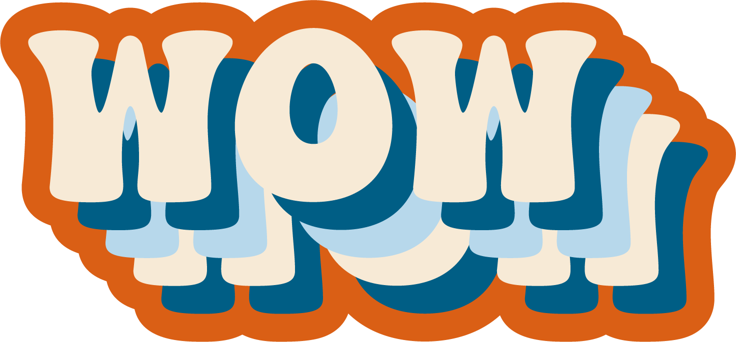 Colorful graffiti-style text spelling 'WOW' with layered 3D effect.