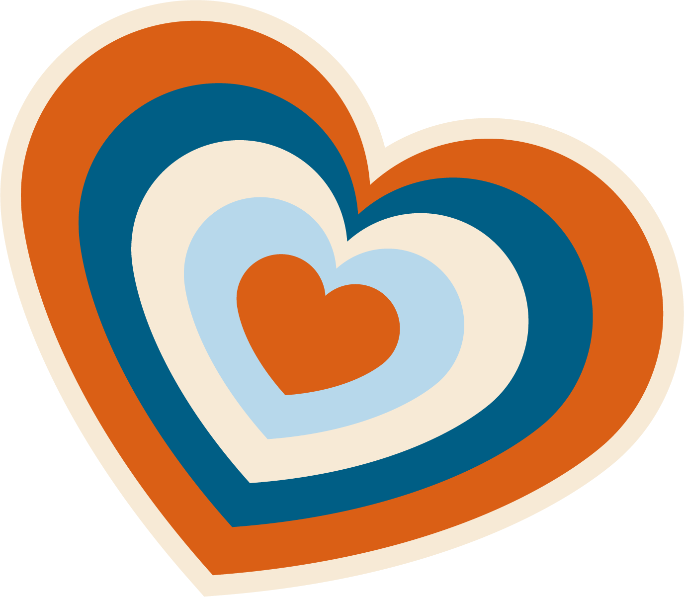 Multicolored heart-shaped layered graphic with shades of orange, blue, and cream.