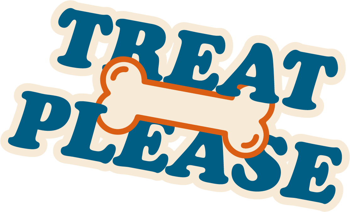 Graphic with the text 'Treat Please' and a bone illustration in the center.